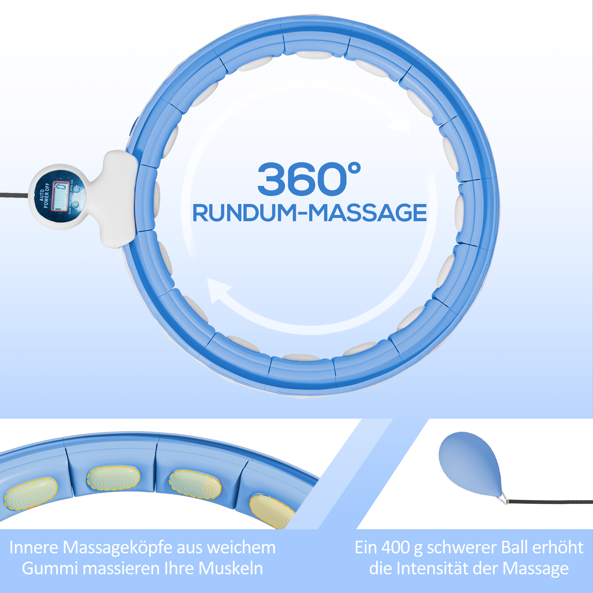 Smart Hula Hoop Reifen Erwachsene mit Gewicht Kugel Zähler 16 Knoten (76-113cm) Hellblau