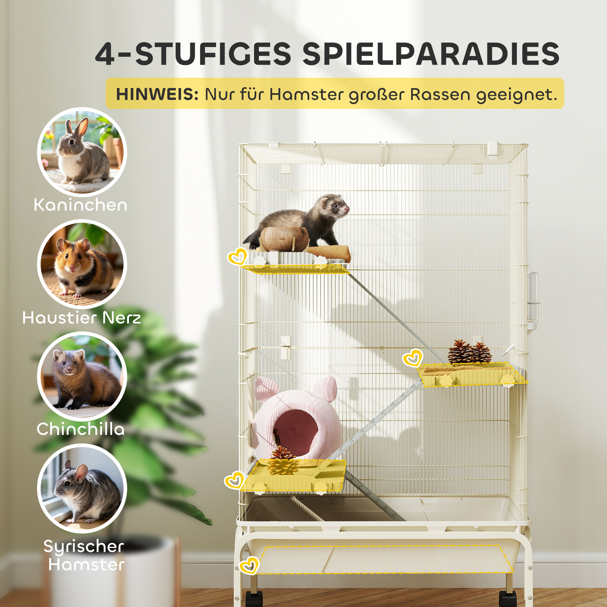 Kleintierkäfig, Haustierkäfig mit 4 Ebenen, Futterschale, Wasserflasche, 88 x 48 x 150,5 cm, Beige