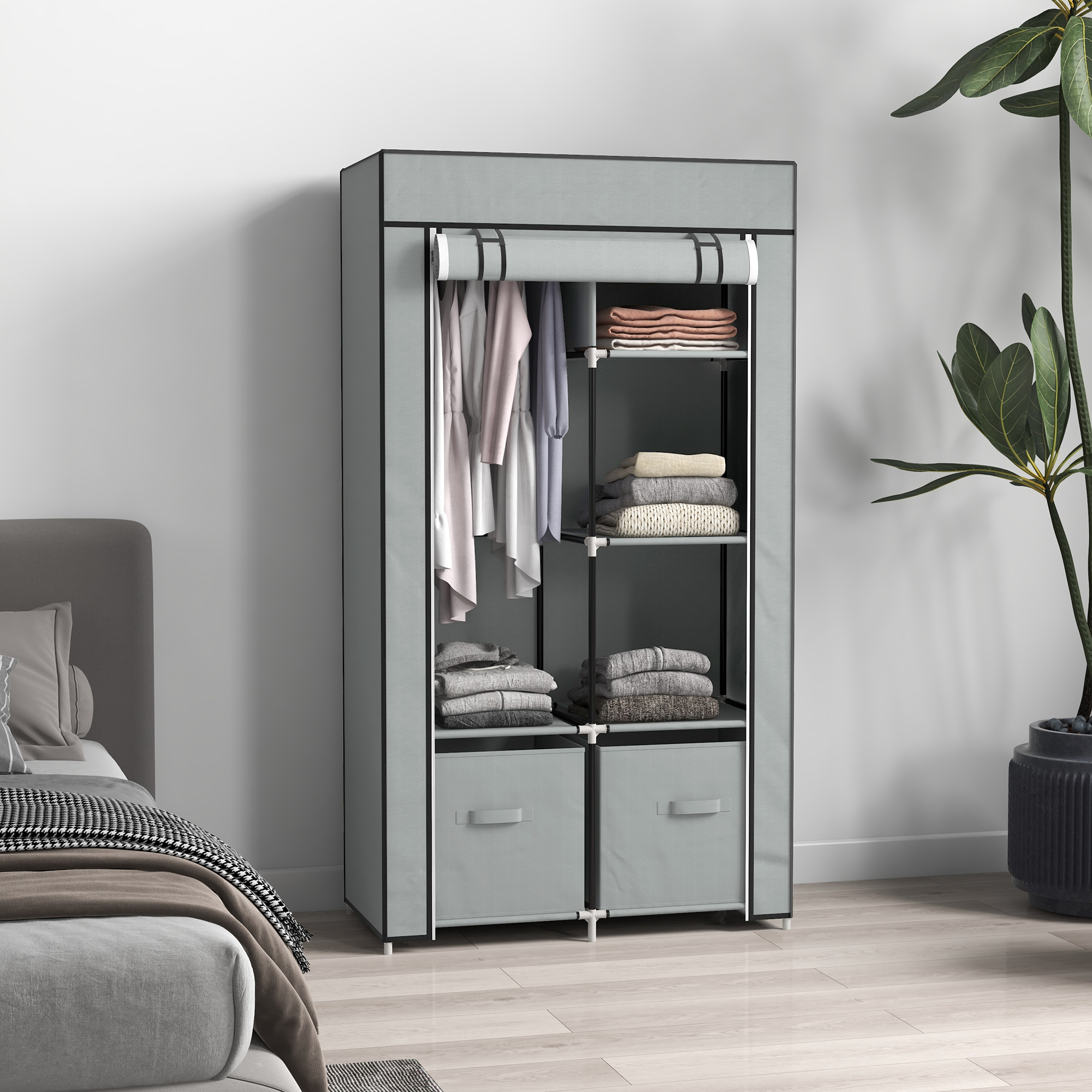 Kleiderschrank Stoffschrank 1 Kleiderstange, 2 Schubladen, 83 x 42,5 x 162,5 cm, Grau