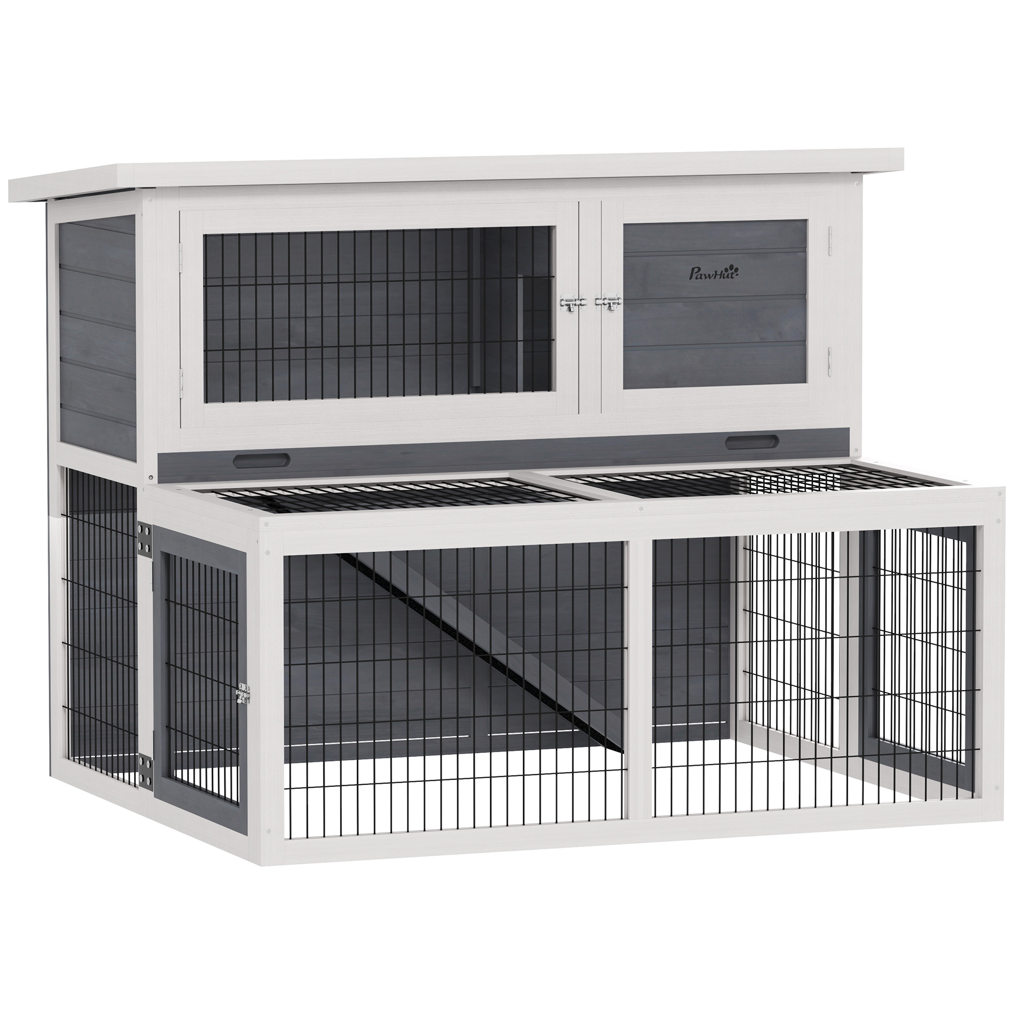 Hasenstall 2 Ebenen mit klappbar Dach Kaninchenstall aus Vollholz Winterfest Doppelstockhaus 122x95x93,5 cm Grau Hasenstall 2 Ebenen mit klappbar Dach Kaninchenstall aus Vollholz Winterfest Doppelstockhaus 122x95x93,5 cm Grau