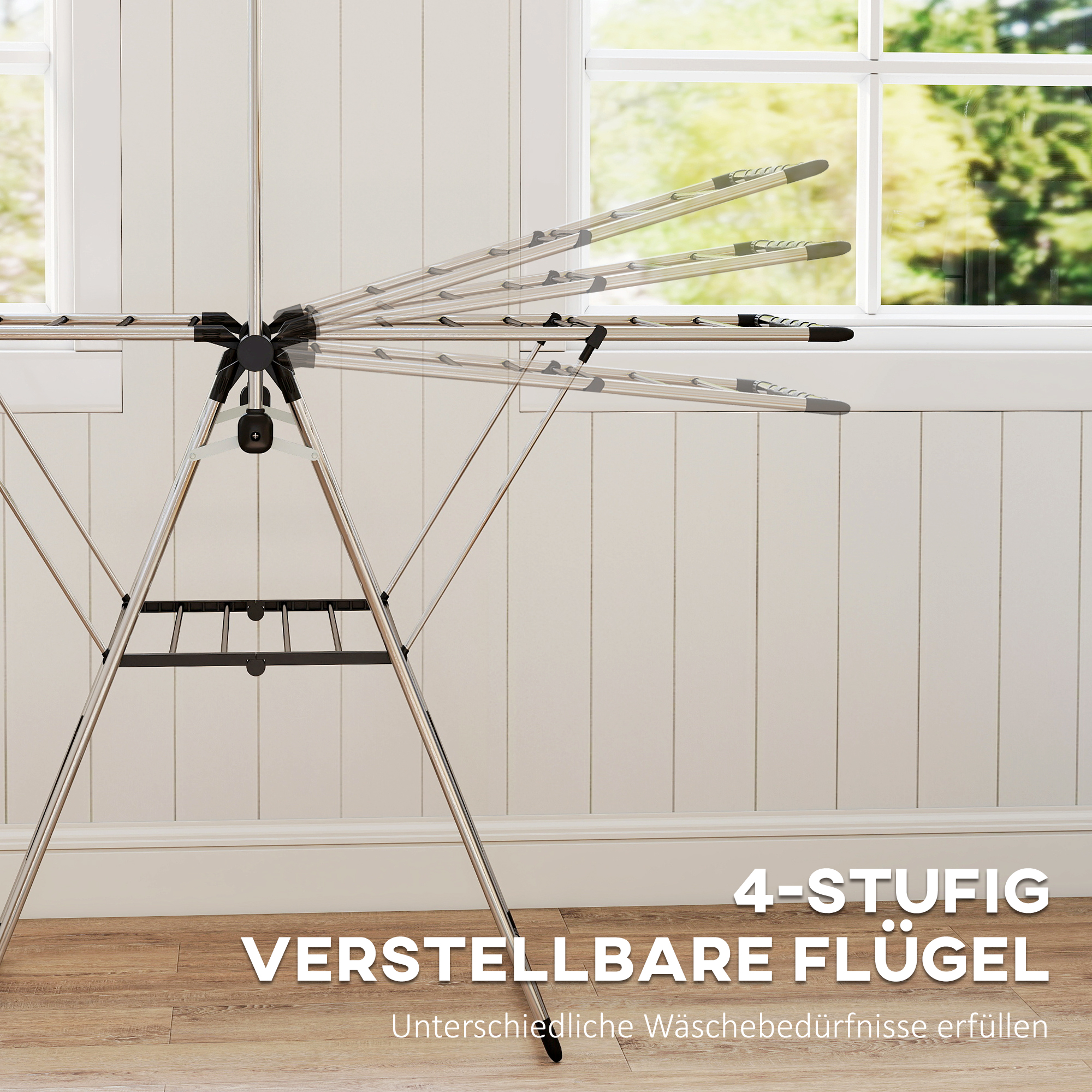 Wäscheständer faltbar Standtrockner mit verstellbare Flügel, Schuhhaltern, Edelstahl, 156,5 x 68 x 192 cm, Silber