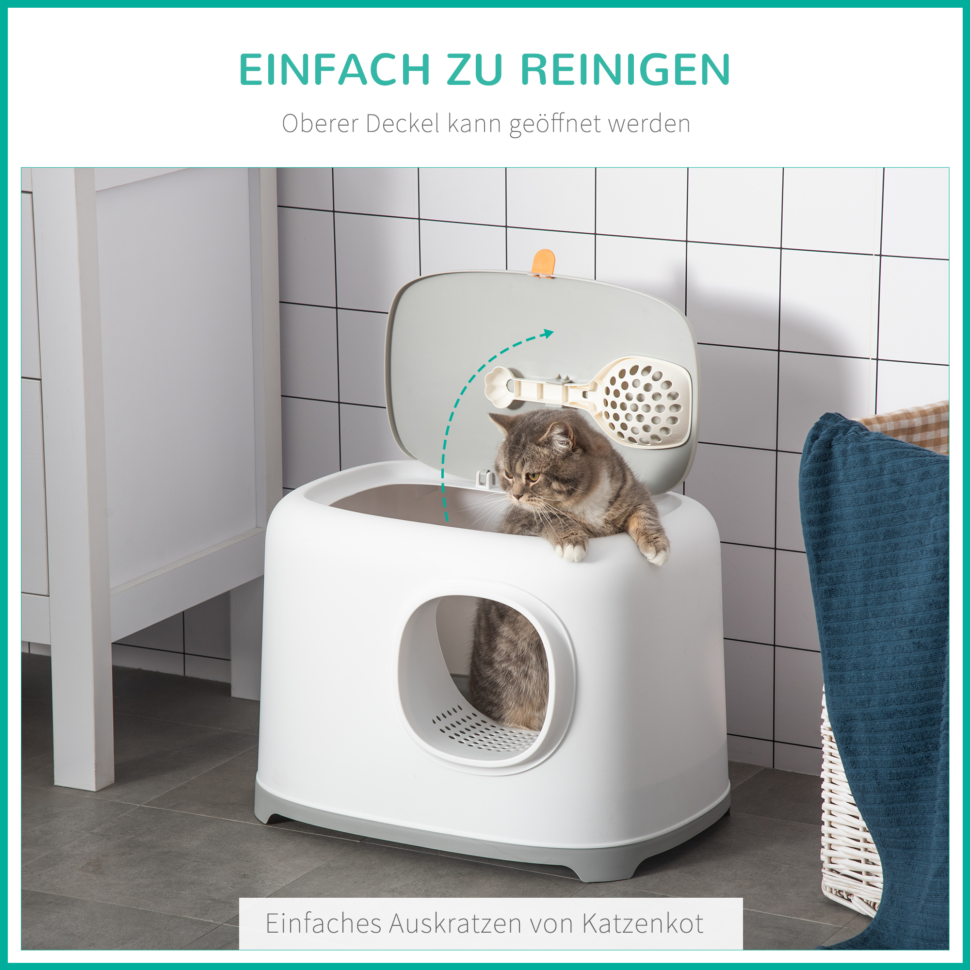 Katzenklo mit Deckel Katzentoilette mit Haube Schaufel Gitterboden XXL Katzentoilette für Katzen bis 5 kg 55 x 40 x 39 cm Weiß