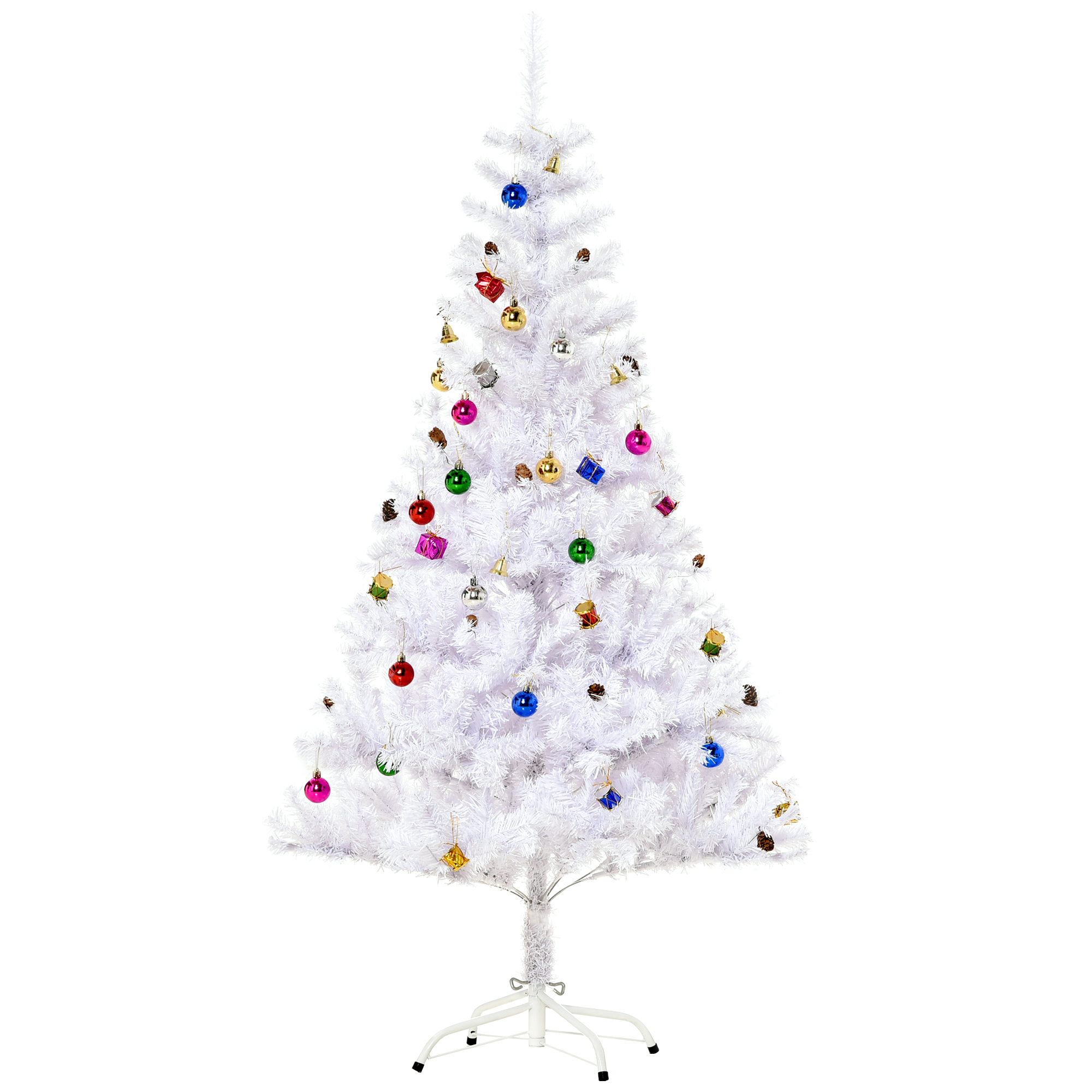 Weihnachtsbaum 150 cm künstlich Tannenbaum mit Kugeln, Glocken, Trommeln, Geschenkboxen, Christbaum mit 680 Spitzen, 12 Tannenzapfen Weihnachtsdeko inkl, Metallständer für drinnen