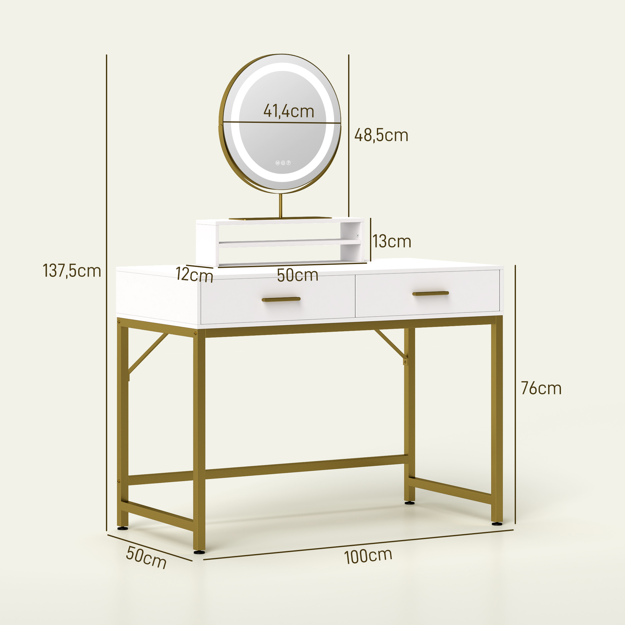 Kosmetiktisch mit 360° Spiegel, LED-Beleuchtung, 2 Schubladen, Weiß/Gold
