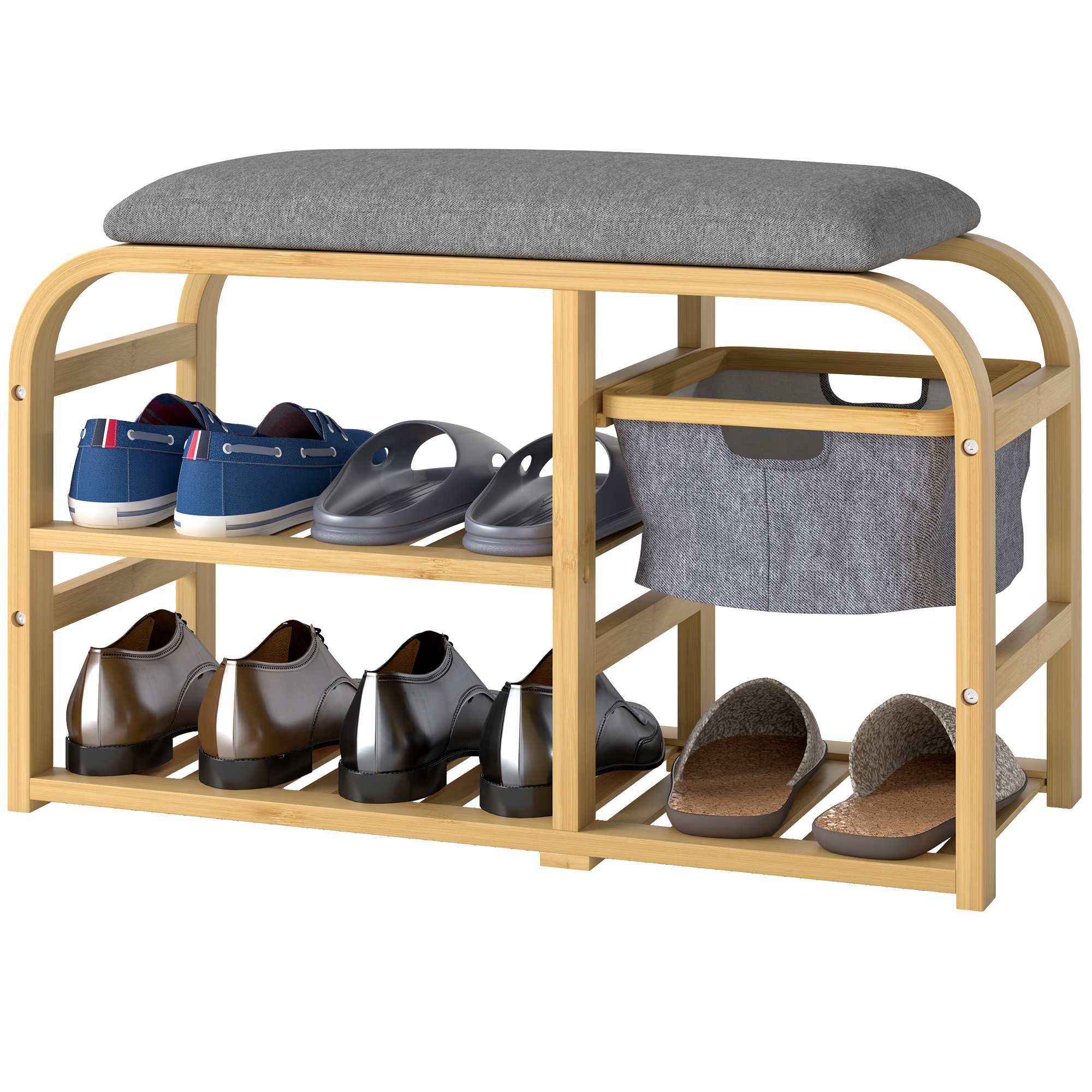 Schuhbank mit Regalen, Schuhaufbewahrungsbank, Bambus, Polstersitz, Grau