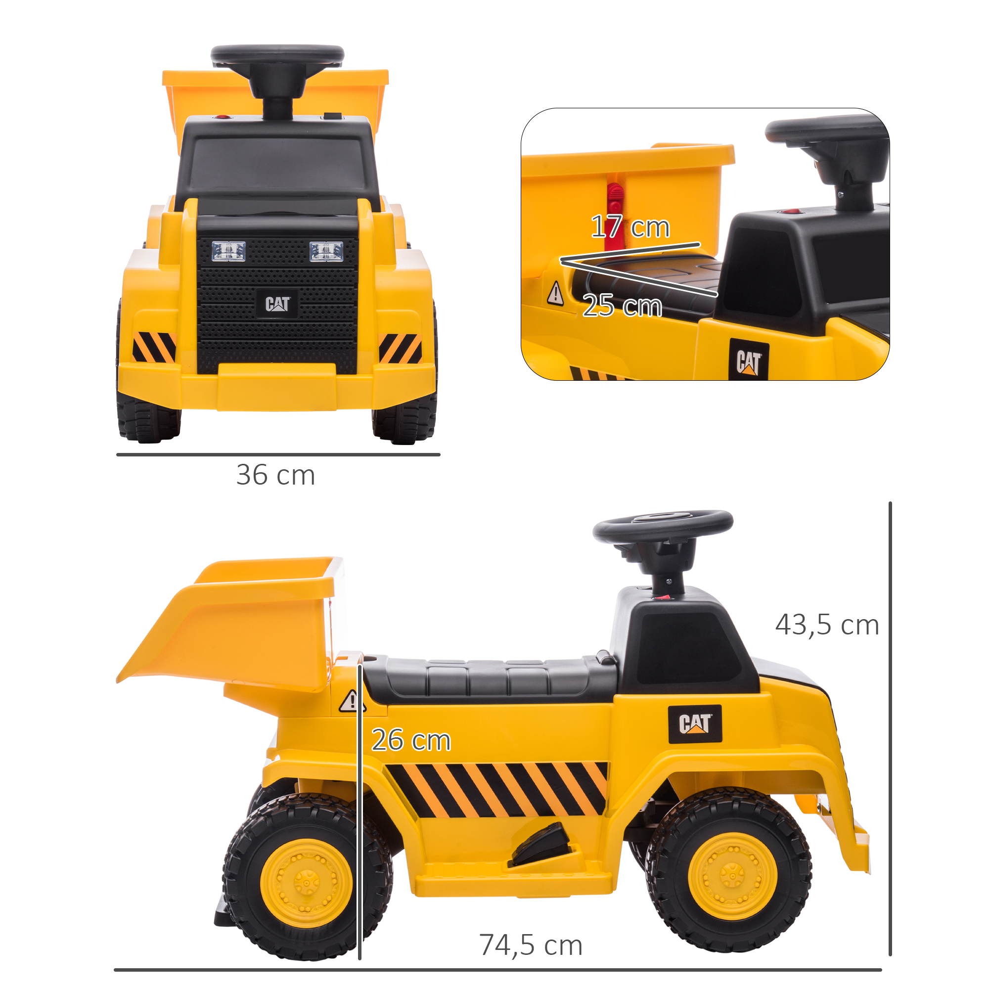 Elektro-Kipplaster für Kinder, kippbare Ladefläche, max, 3 km/h, Scheinwerfer, Hupe, gelb, 74,5 x 36 x 43,5 cm