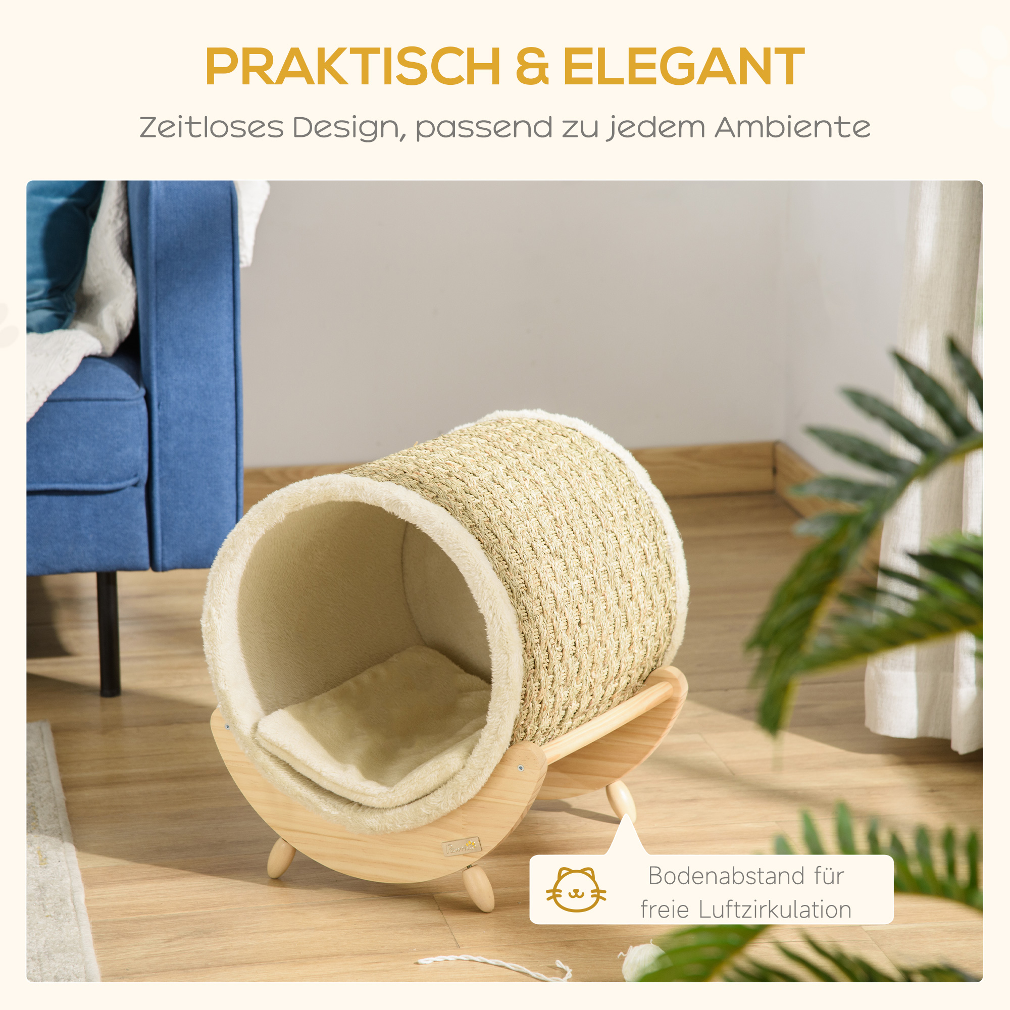 Katzenhöhle mit Kratzfläche inkl, Kissen, Kratztonne, 41 cm x 38 cm x 43 cm, Natur + Beige