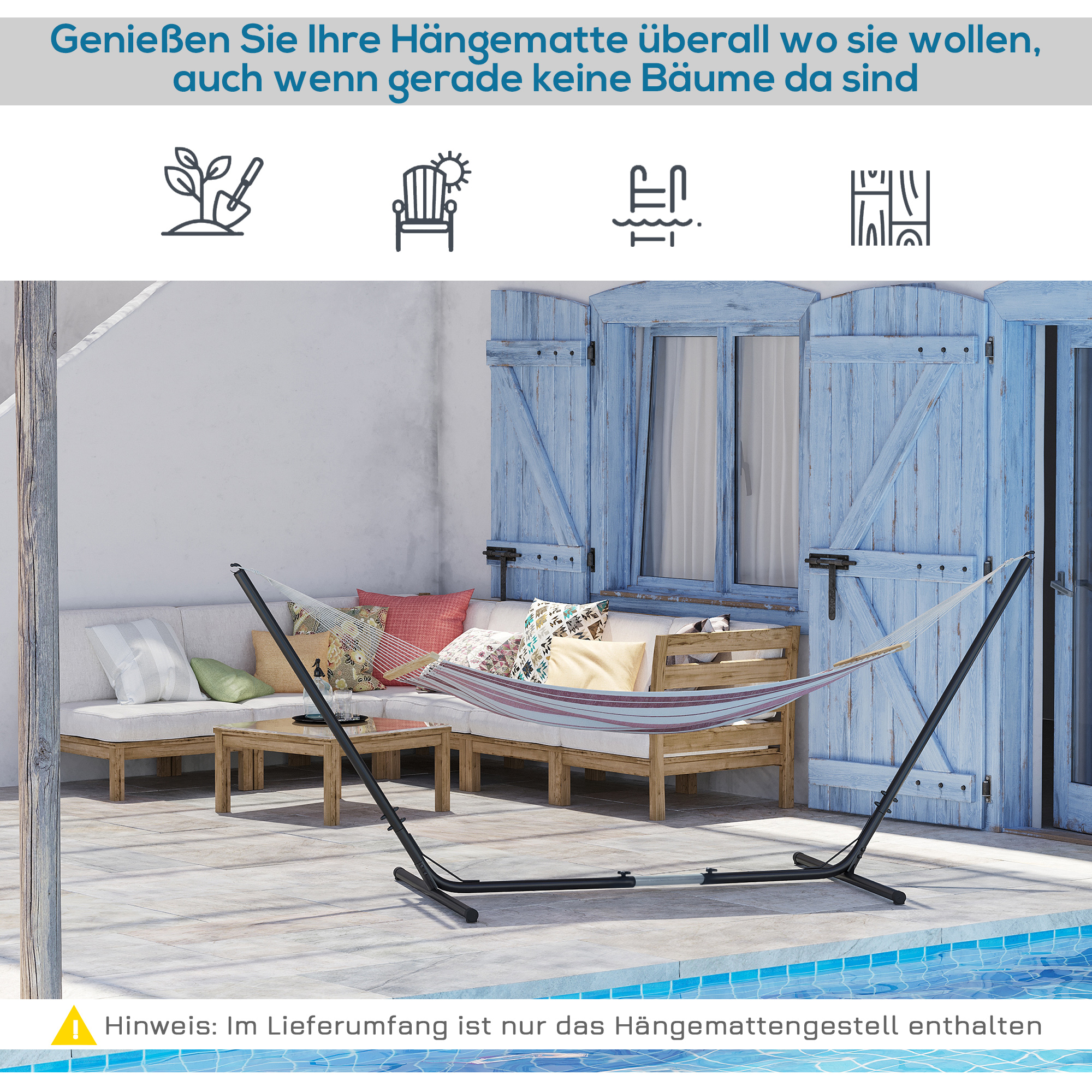 Hängemattengestell für Hängematte Hängemattenständer größenverstellbar (313-388) x 109 x 116 cm bis 120 kg Garten Strand Metall