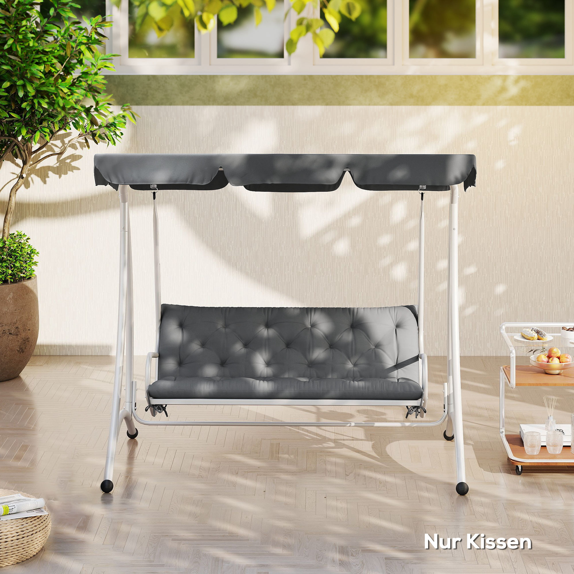 3 Sitzer Bankauflage 150 x 98 x 8 cm Sitzkissen mit Bändern Rückenkissen für Indoor/Outdoor Polster Auflage für Sitzbank Gartenbank Gartenmöbel Hollywoodschaukeln Dunkelgrau