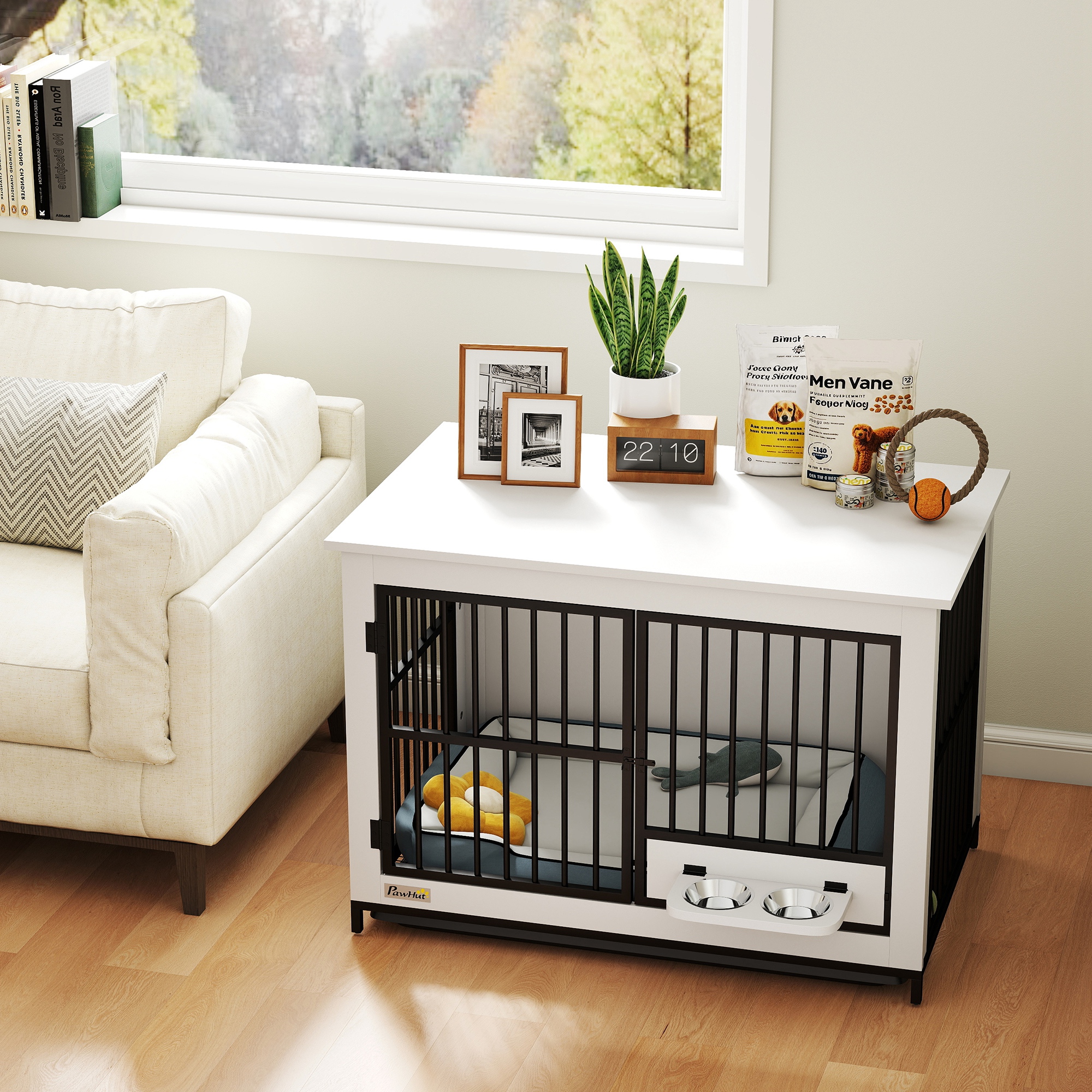 Große Hundebox, einfacher Zugang, verschließbar, drehbarer Schüsselhalter, für kleine und große Hunde, Weiß