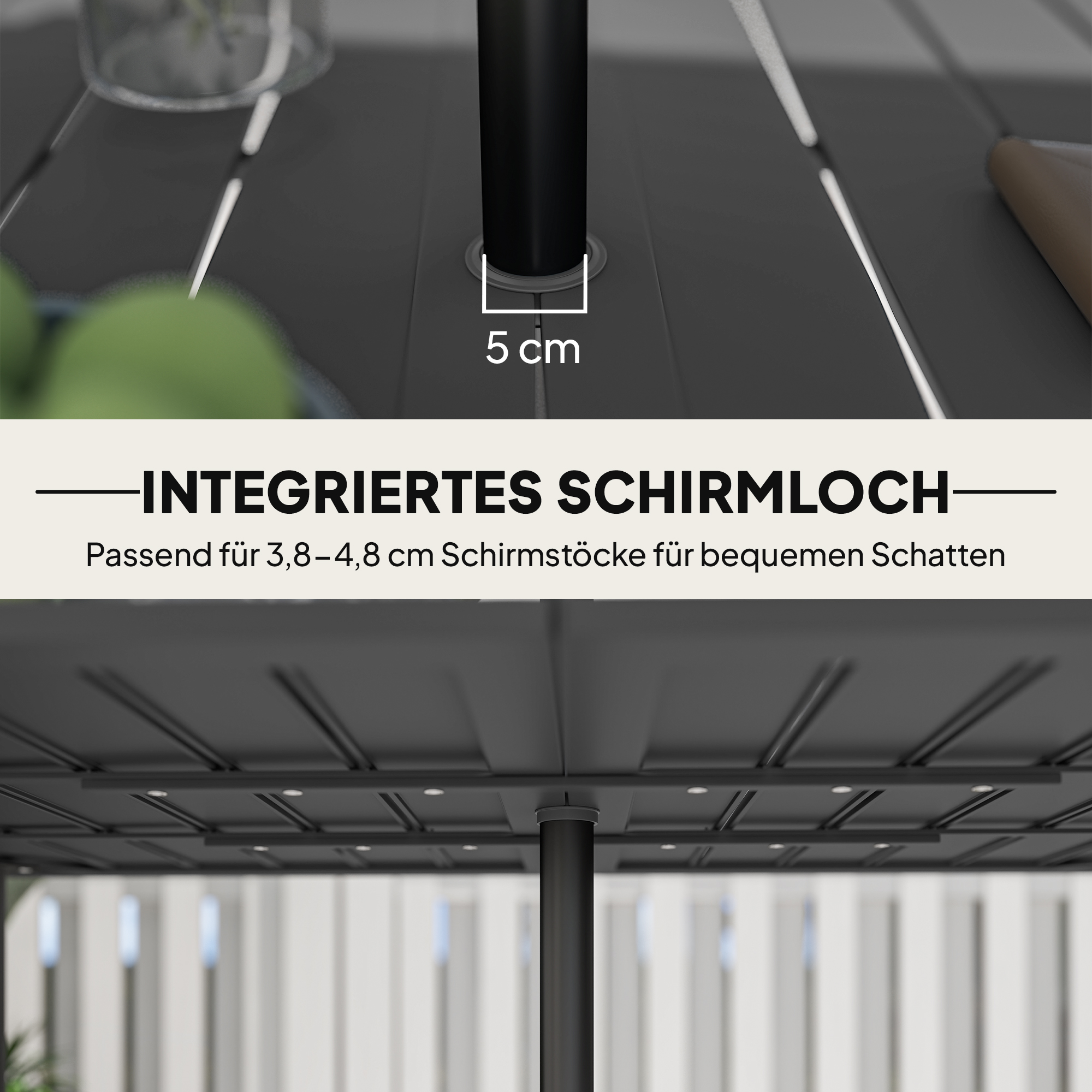 Gartentisch 150x90cm, Wetterfest Balkontisch aus Stahl, Balkontisch mit Schirmloch Schwarz