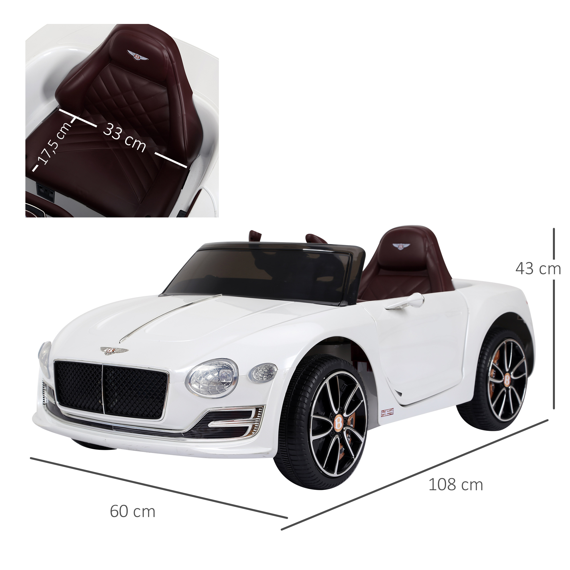 Kinderauto Bentley GT lizenzierte Kinderfahrzeug Elektroauto mit Fernbedienung 2 x 390 Motoren Kinder Weiß 108 x 60 x 43 cm