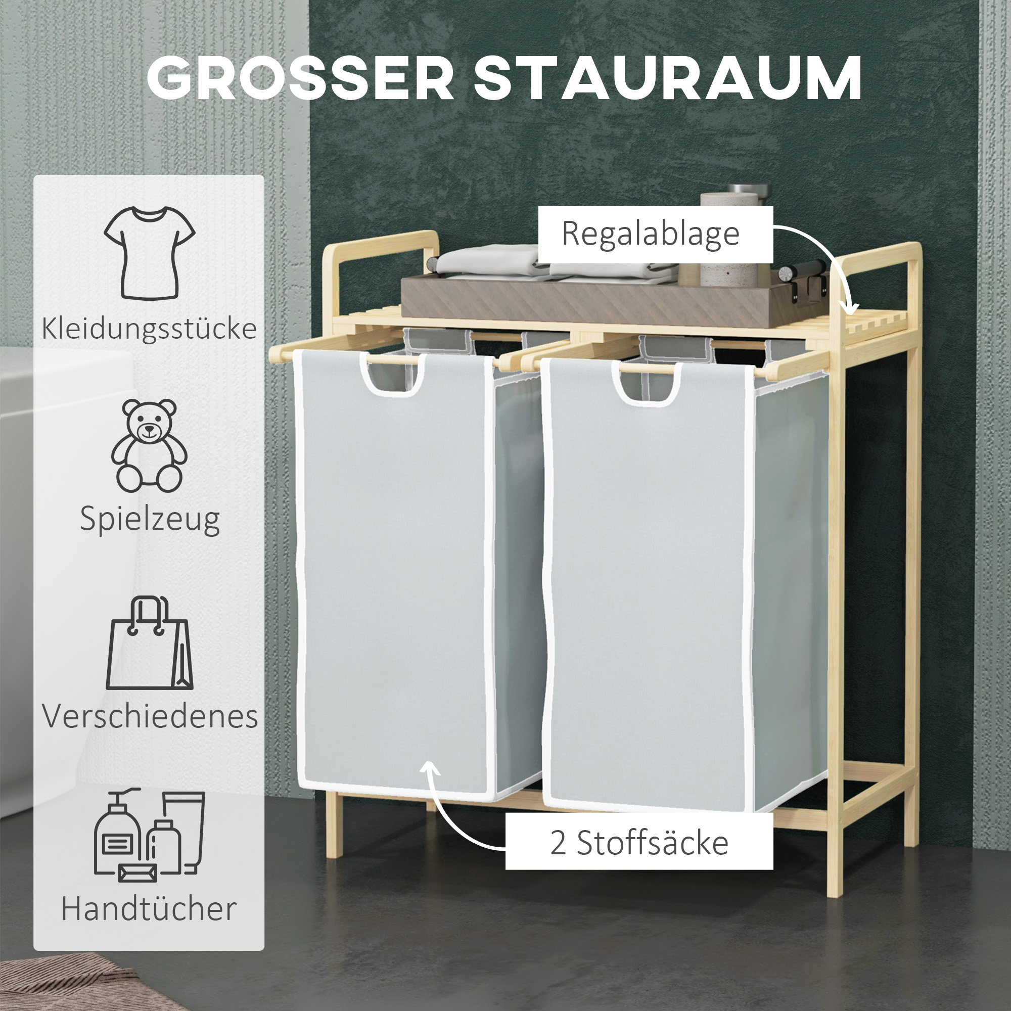 Wäschekorb mit 2 Waschsäcken, 1 Ablage, Bambus, 63,5 cm x 33 cm x 73 cm, Hellgrau + Natur