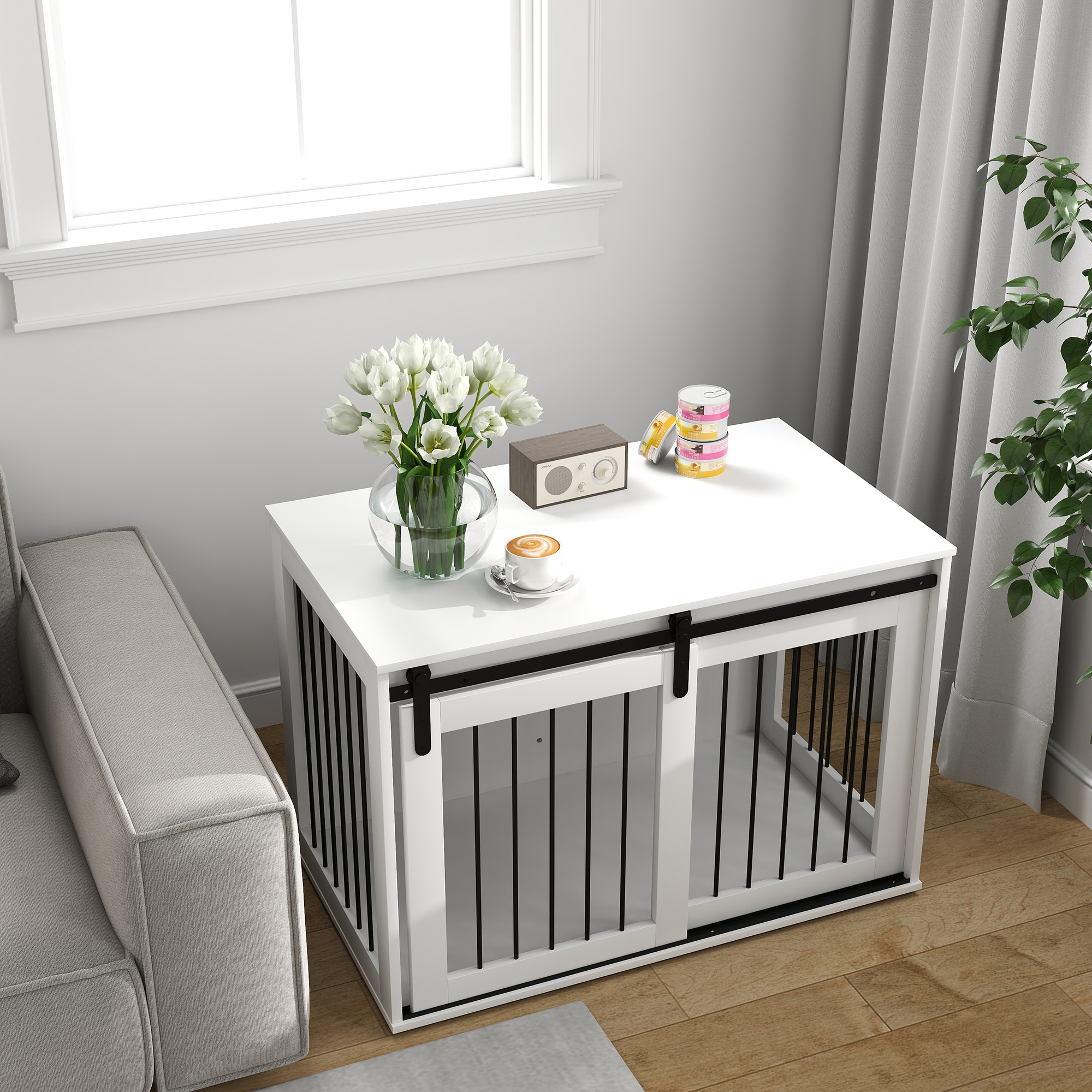 Hundebox mit Schiebetür, Belüftung, Spanplatte und Stahl, 98 x 58 x 61 cm, Walnuss