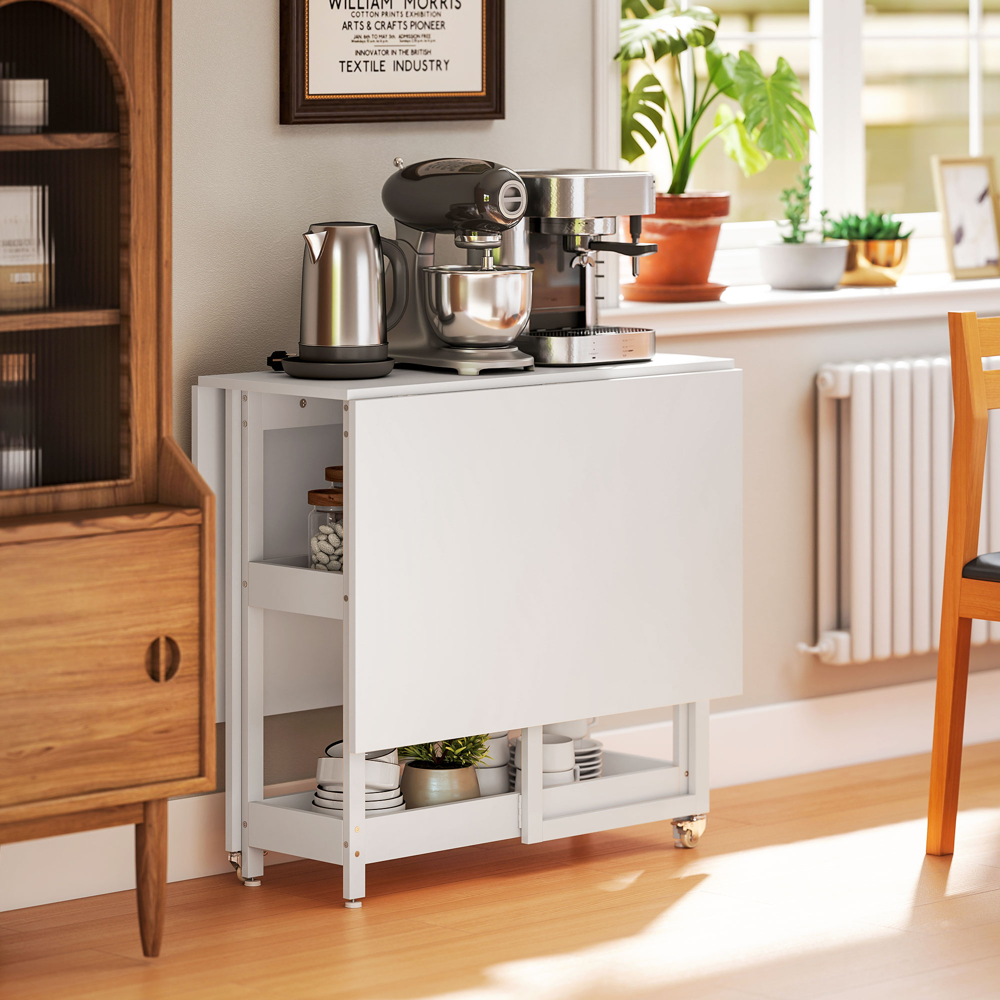 Klappbarer Esstisch im Industriedesign, für bis zu 4 Personen, offene Regale, flexibel, Metall, Spanplatte, Weiß