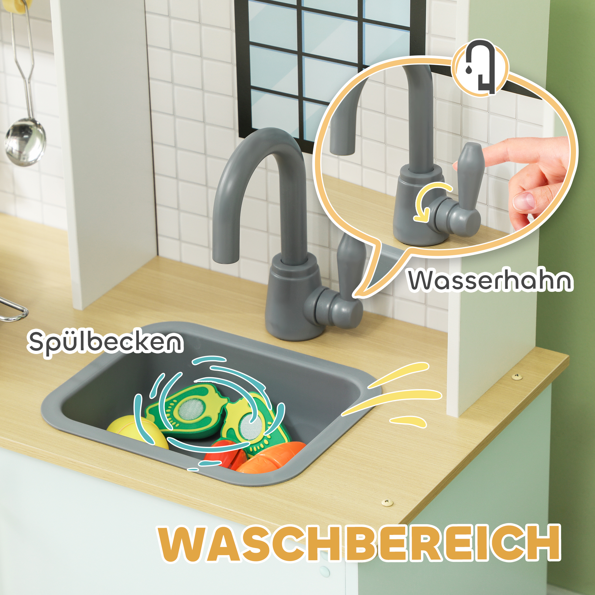 Spielküchen-Set, Kinderküche zum Spielen mit Mikrowelle, Herd und Backofen, Kochutensilien, MDF, Edelstahl, Blau