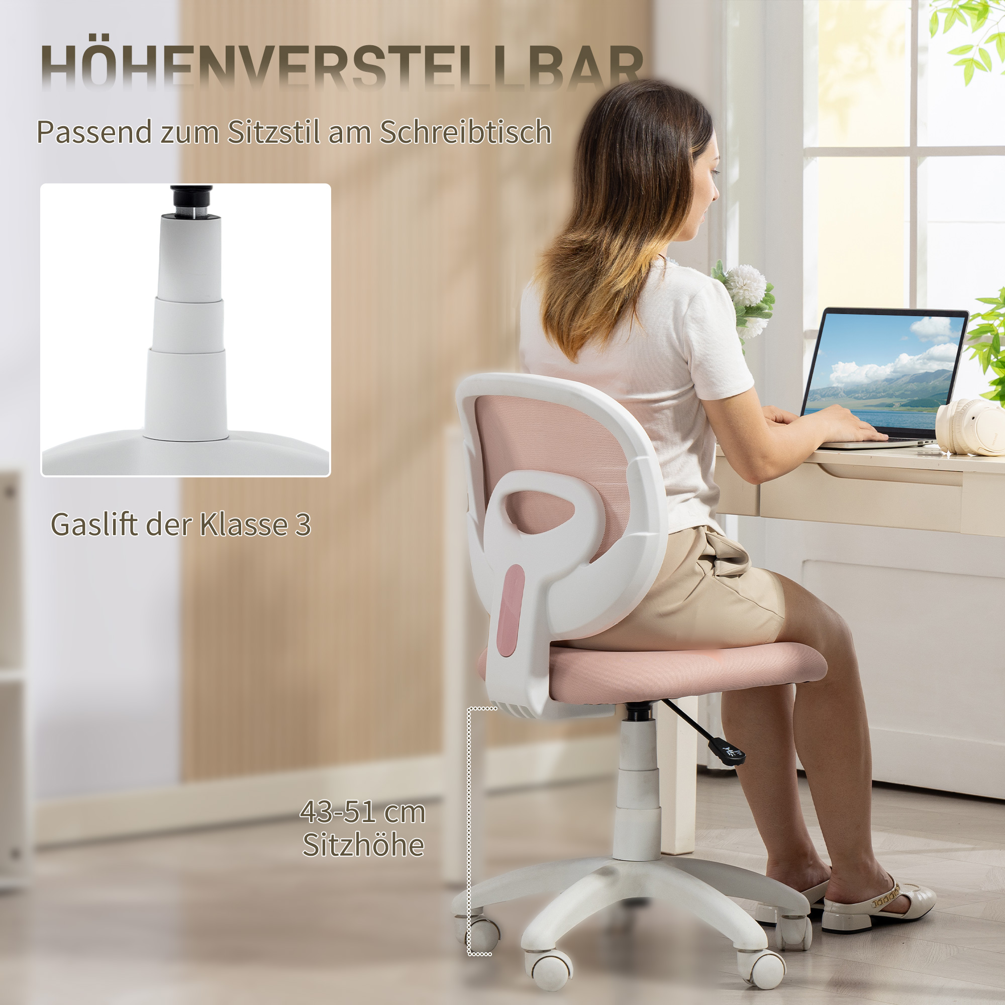 Bürostuhl Ergonomischer Schreibtischstuhl mit C-förmiger Rückenstütze, Höhenverstellbar Rosa