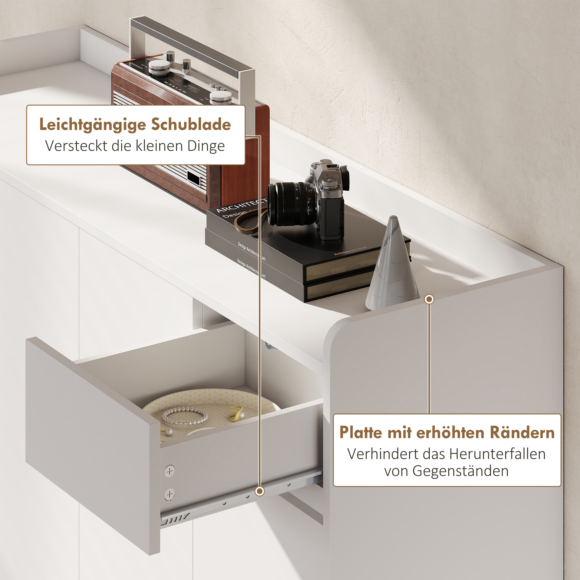 Schuhschrank mit grifflosem Design, 4 Türen, 4 verstellbare Regale, freistehendes Schuhregal mit 5 Holzbeinen, Holz, Weiß