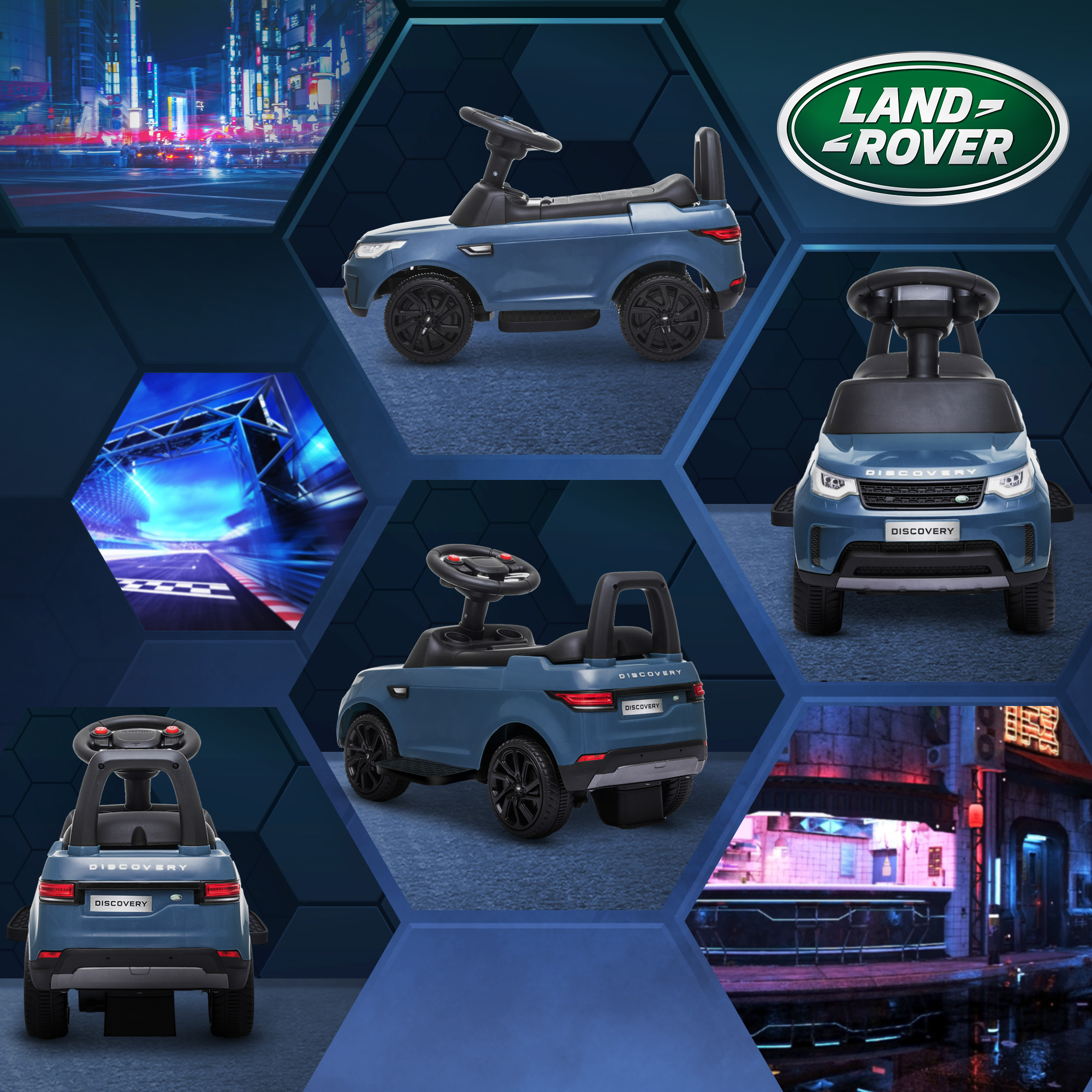 Elektro Kinderauto 6V, Land Rover, Fahr-/Schiebemodus, Scheinwerfer, Musik, Hellblau