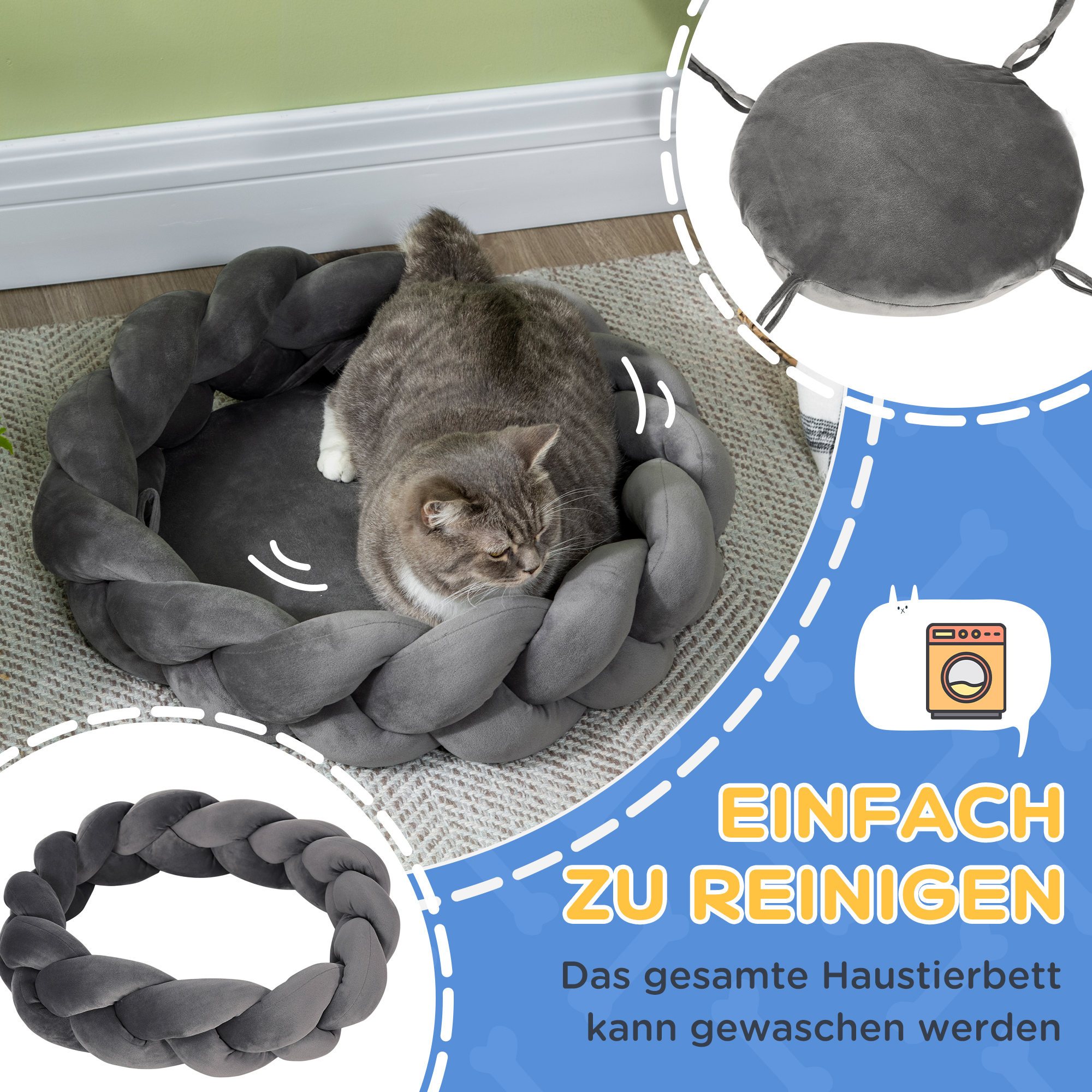 Haustierbett inkl. Kissen, Katzenbett, Hundekorb, waschbar, 55 cm x 55 cm x 14 cm, Grau