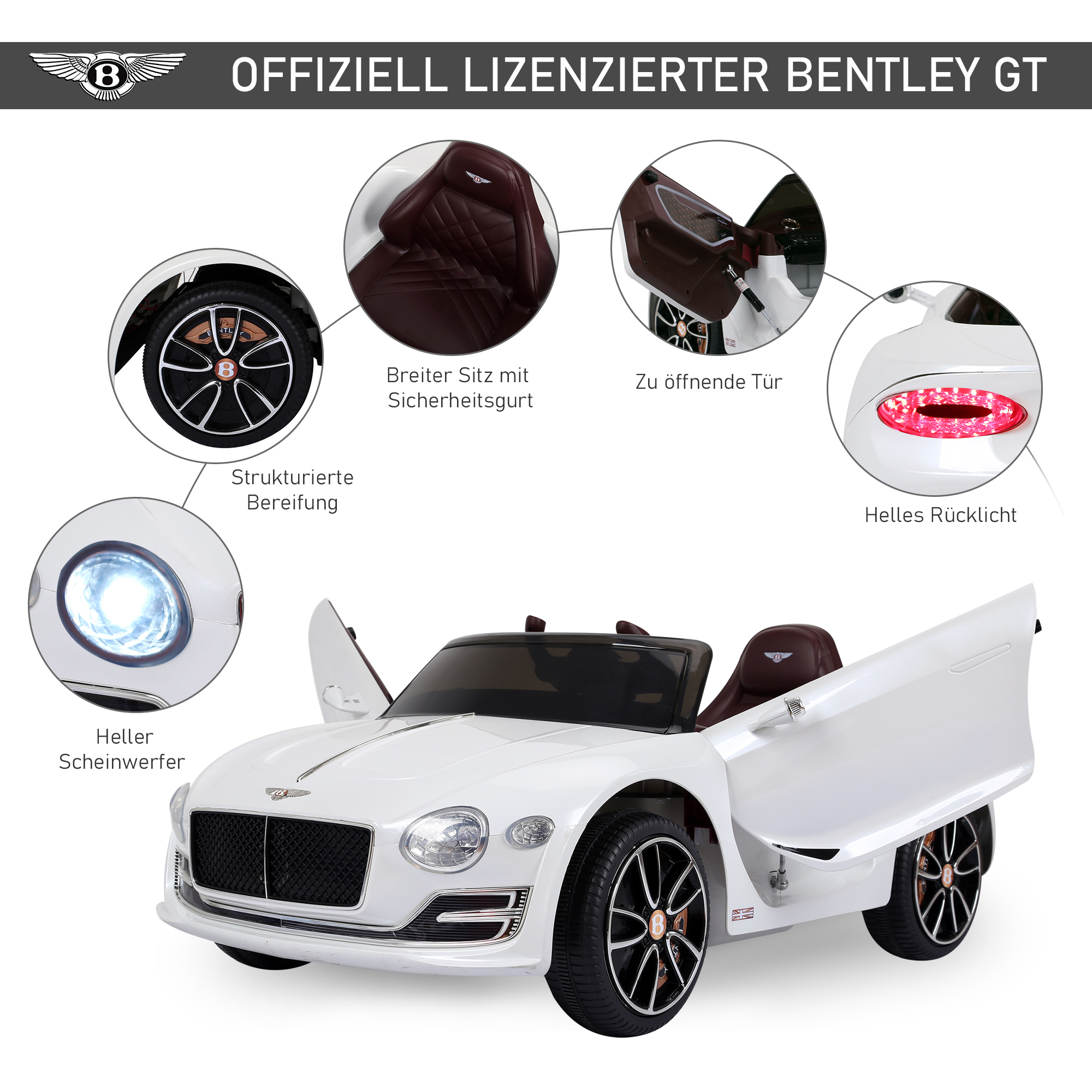 Kinderauto Bentley GT lizenzierte Kinderfahrzeug Elektroauto mit Fernbedienung 2 x 390 Motoren Kinder Weiß 108 x 60 x 43 cm