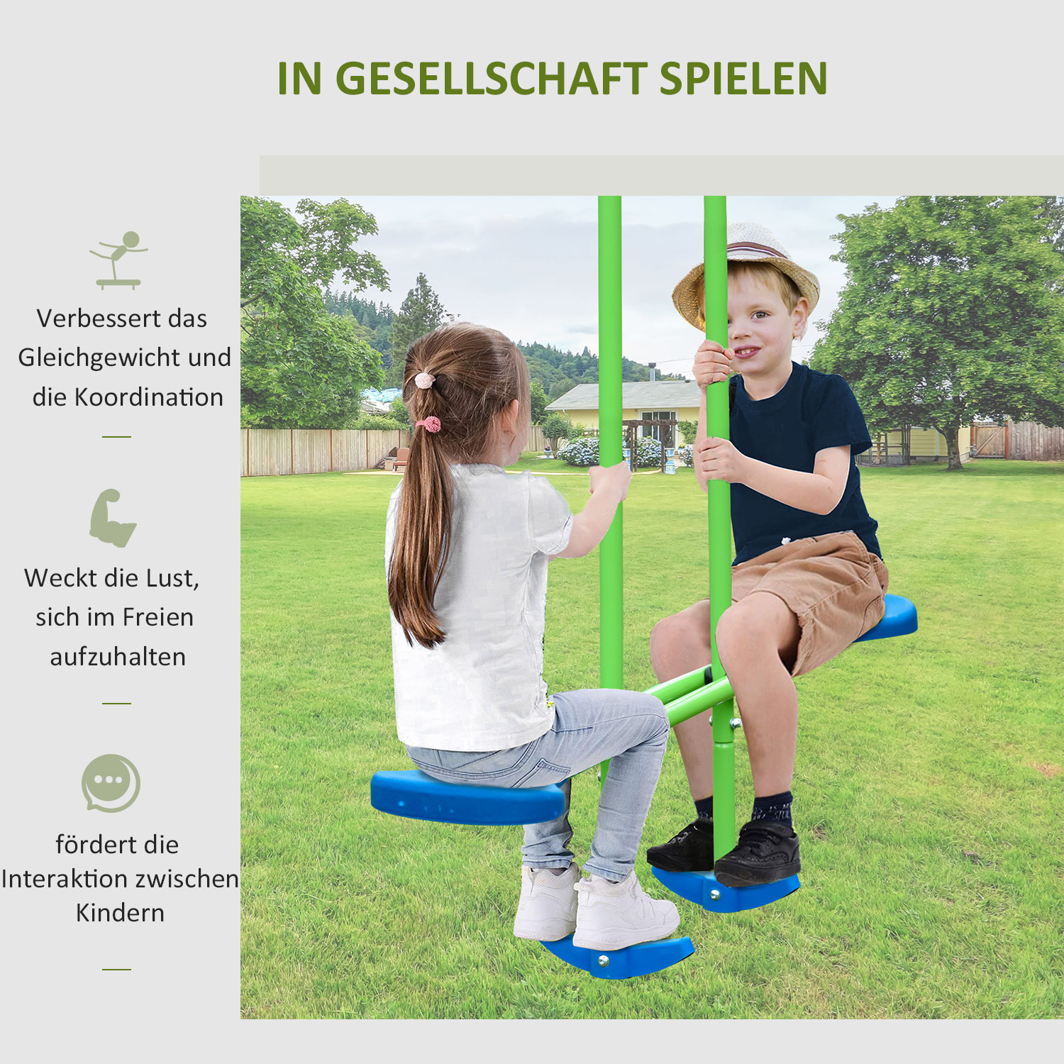 Schaukelgestell, Outdoor-Schaukelgerüst mit 2 Schaukeln, Wippe, Kinderschaukel mit Metallgestell, Grün