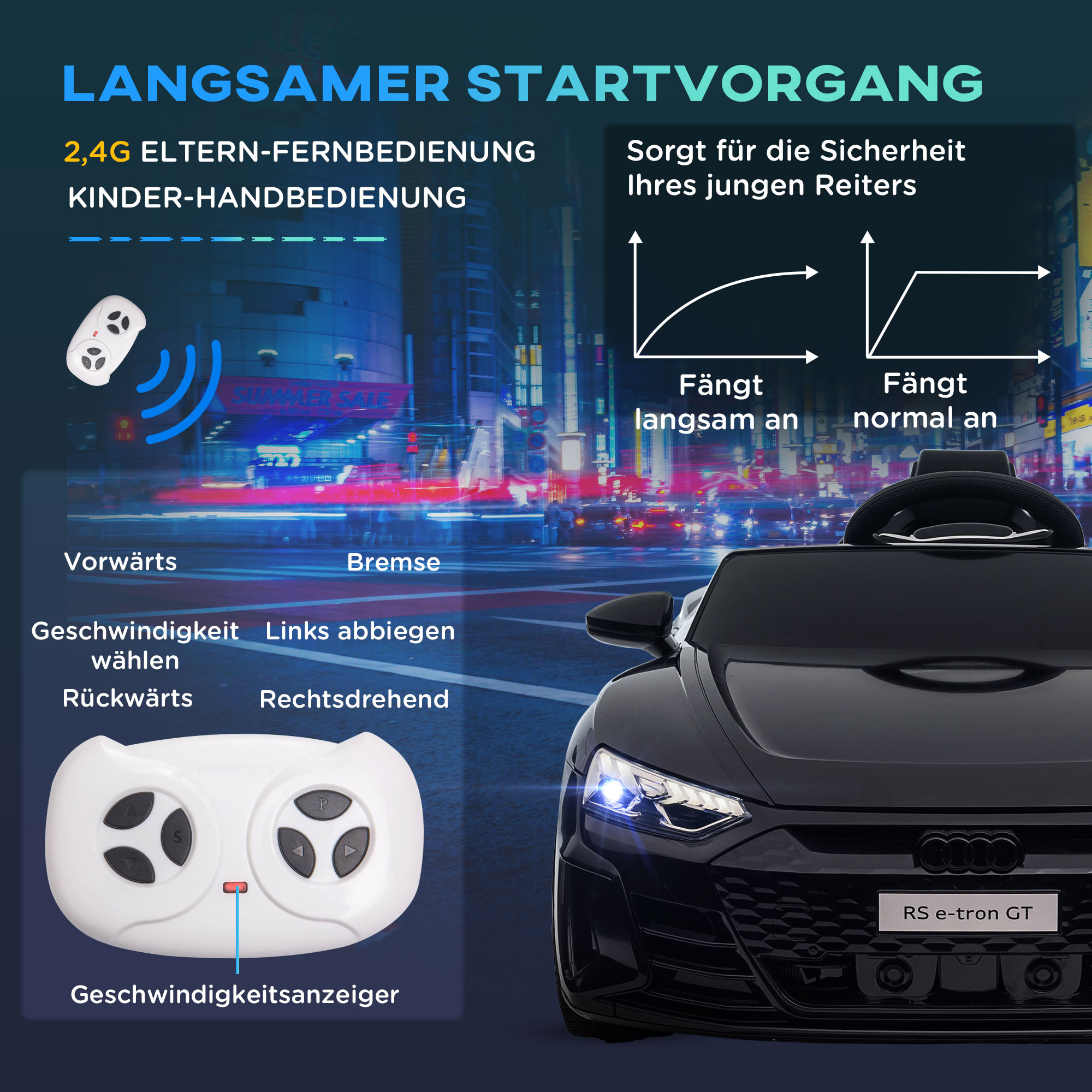 Kinderfahrzeug Audi lizenziert, mit Sicherheitsgurt, Fernbedienung, Licht, schwarz, 103 x 58 x 41cm