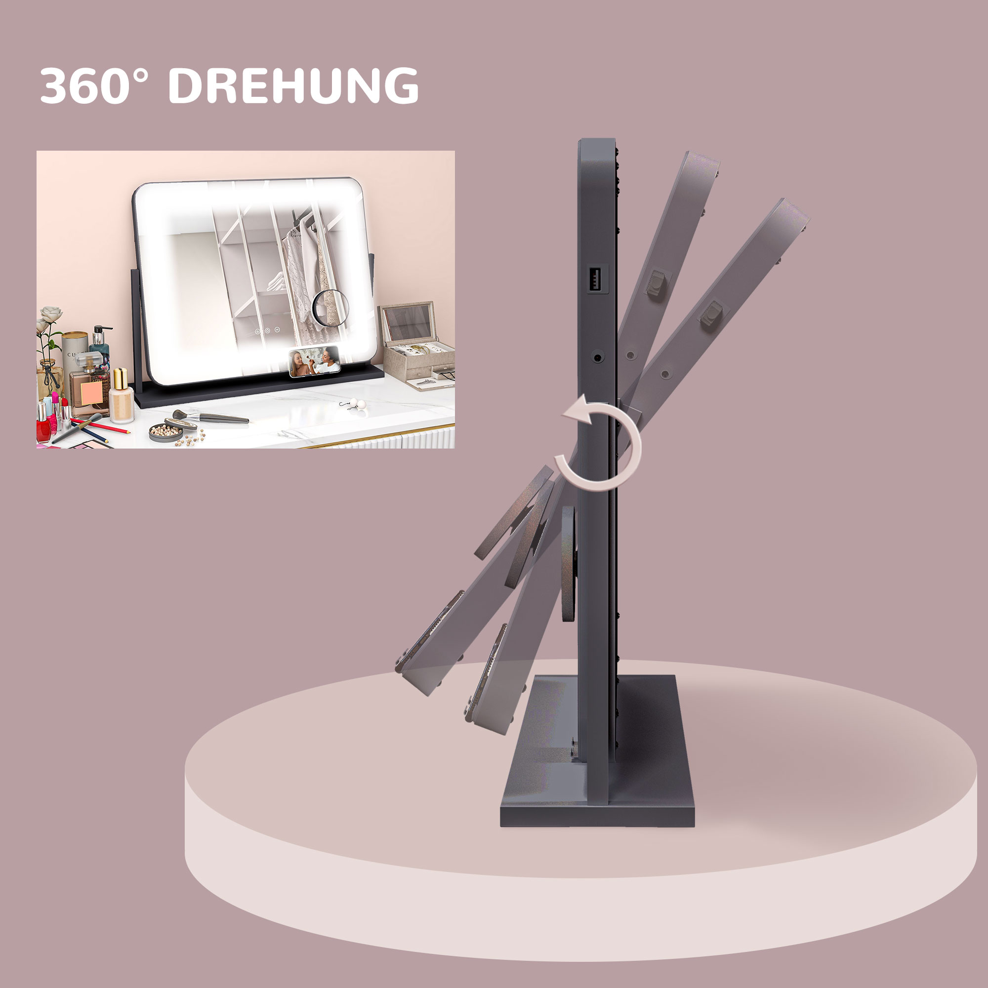 Schminkspiegel mit LED-Lampen, USB-Anschluss, 3 Modi, drehbar, Schwarz