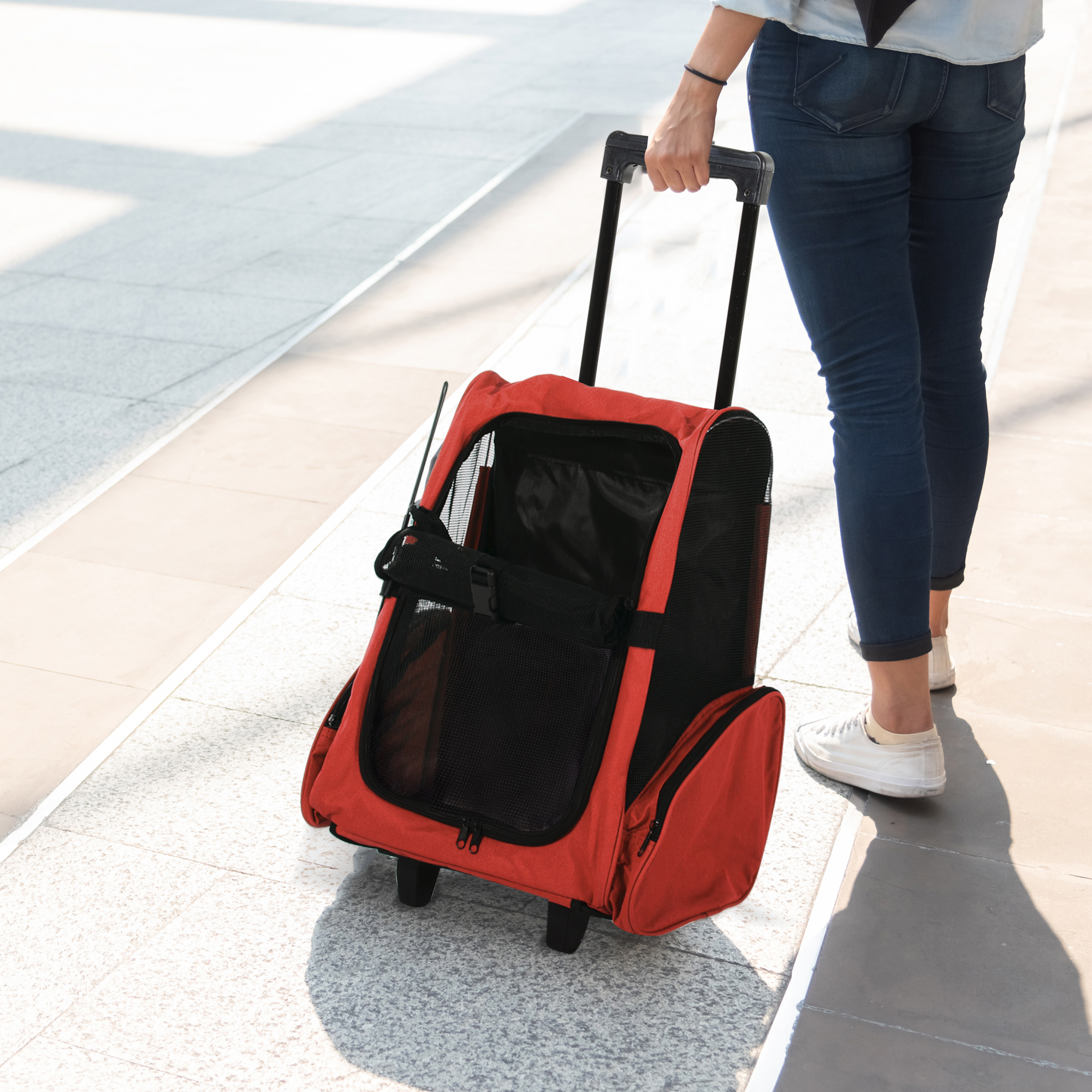Hundetransporttasche, Haustierrucksack, 2-in-1-Design, ausziehbarer Griff, Seitentaschen, Rot, 42 x 25 x 55cm