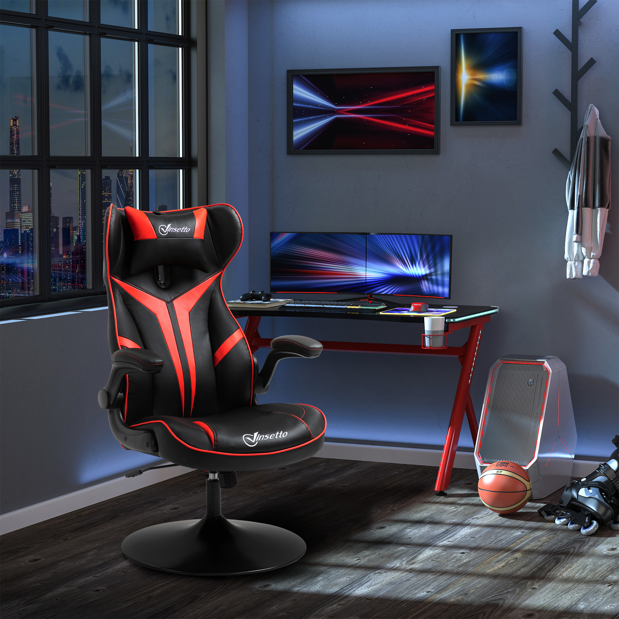 Gaming Stuhl ergonomischer Computerstuhl mit Wippfunktion Drehstuhl höhenverstellbar Stahl Schwarz+Rot 67 x 70 x 106-112 cm