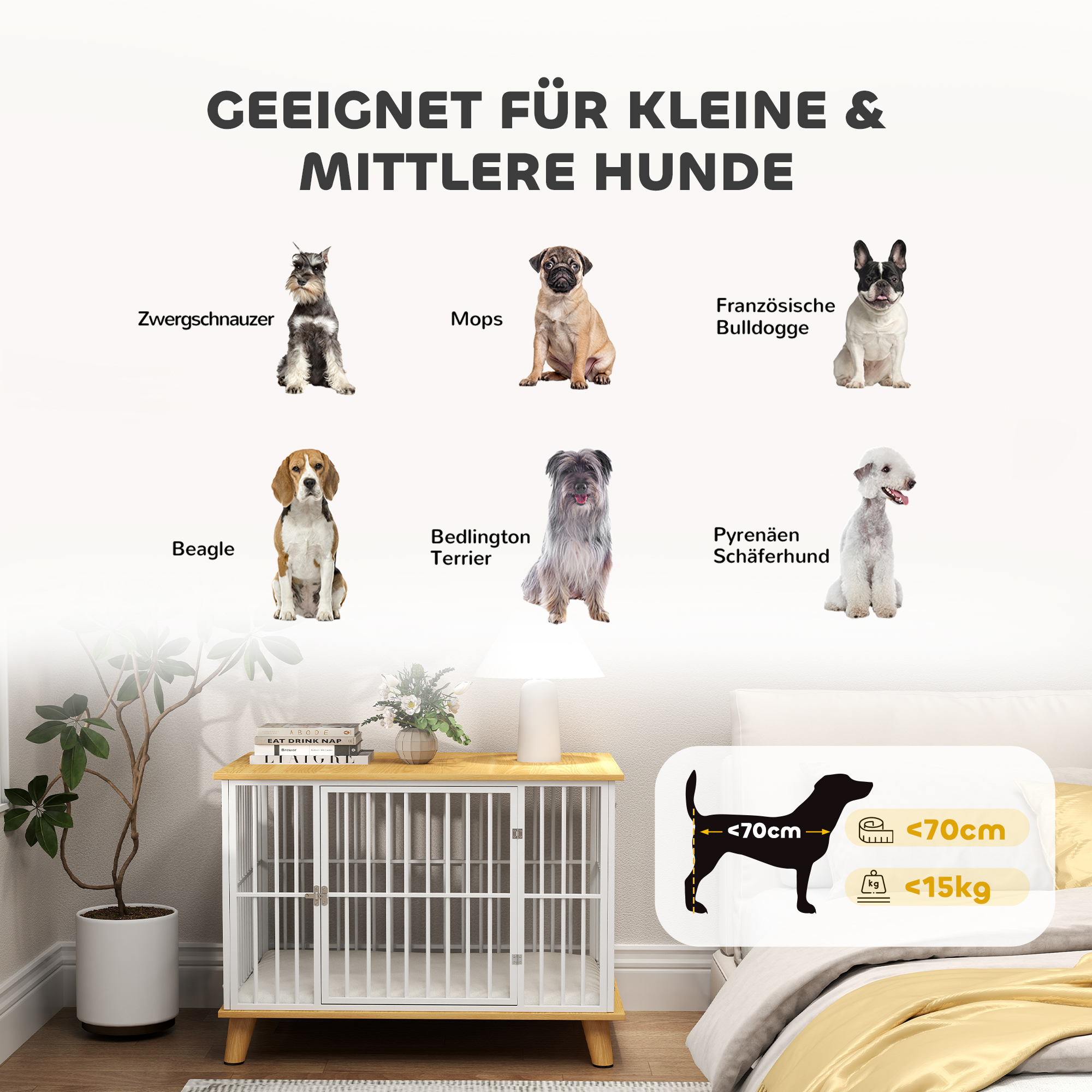 Hundebox mit Verriegelungstür, abnehmbares Kissen, gute Belüftung, Stahl, 86x60x70 cm, Weiß+Grau