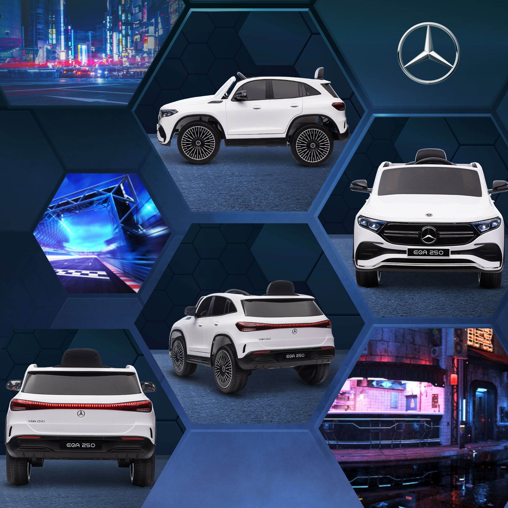 Elektro Kinderauto, lizenzierter Mercedes-Benz EQA, 3-8 km/h, Musik, Scheinwerfer, Hupe, Fernsteuerung, weiß