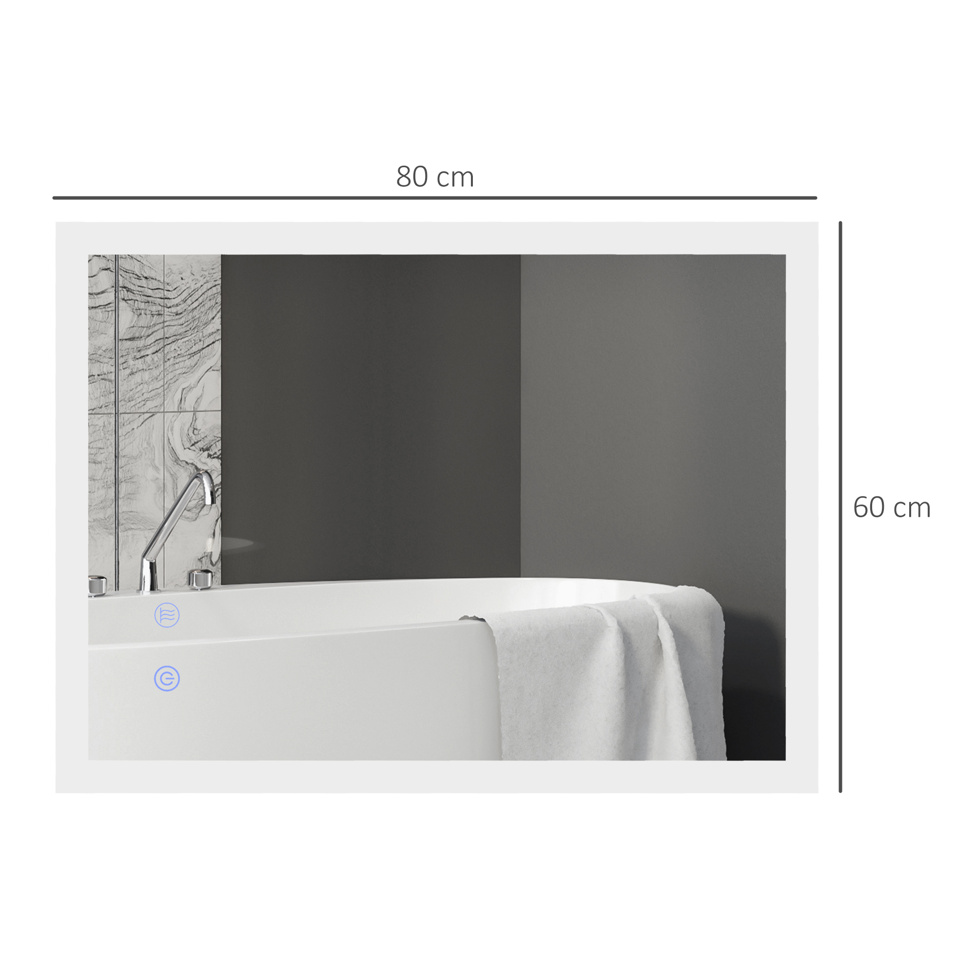 LED Badezimmerspiegel, Hintergrundbeleuchtung, Touch-Funktion, Memory-Funktion, kein Beschlagen, 80 x 60 cm