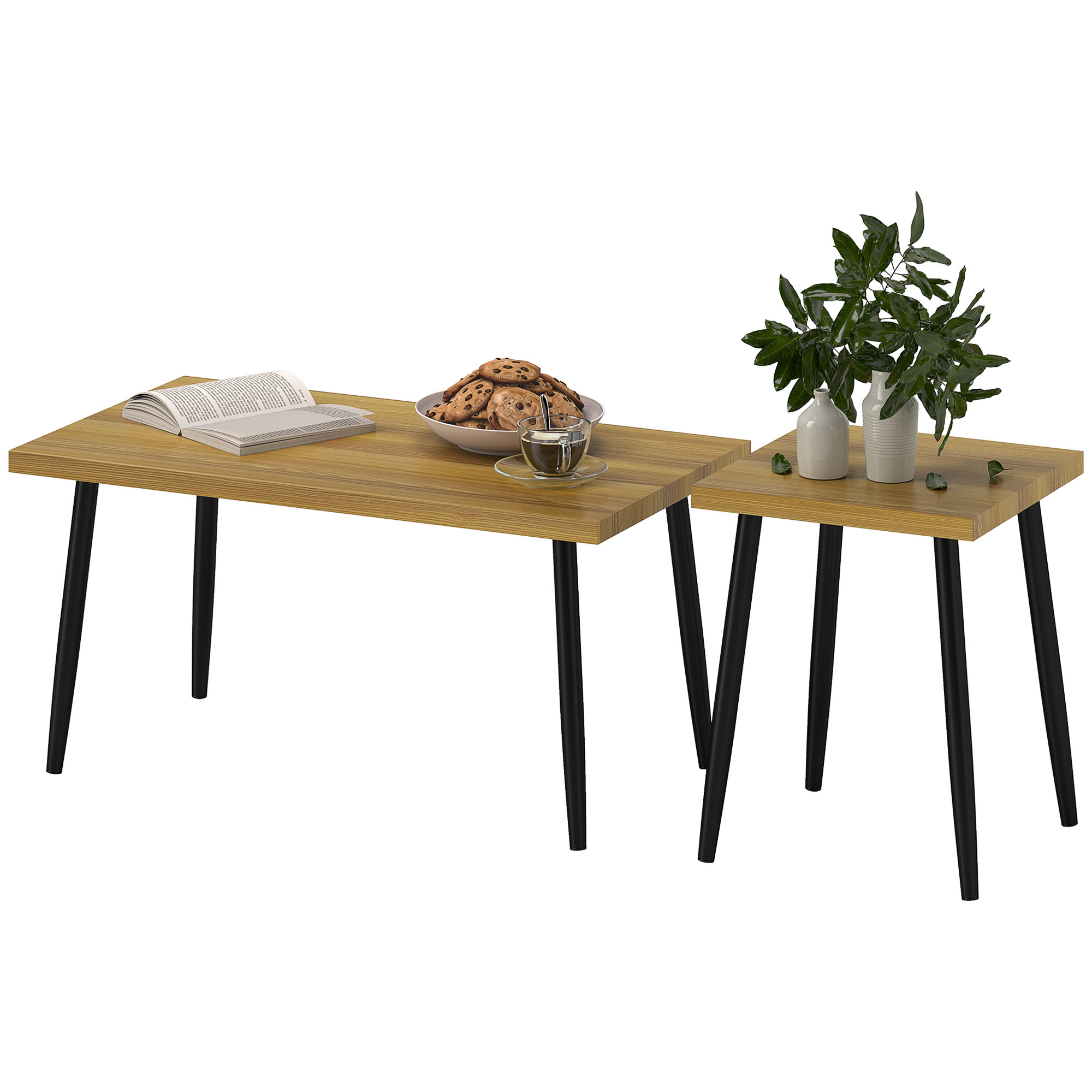 2er-Set Kaffeetische, Großer und kleiner Tisch mit Metallrahmen und Holzplatte, Flexible Couchtische, Naturholz