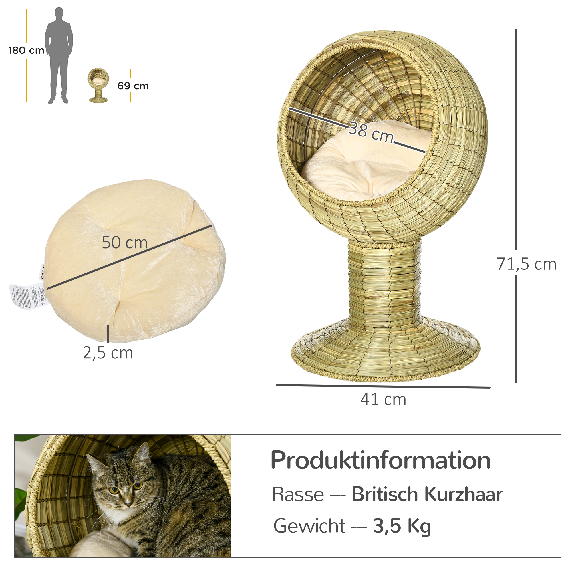 Katzenhöhle aus Seegras, 2-teilig, flexibel positionierbar, 41 cm x 41 cm x 71,5 cm, Natur