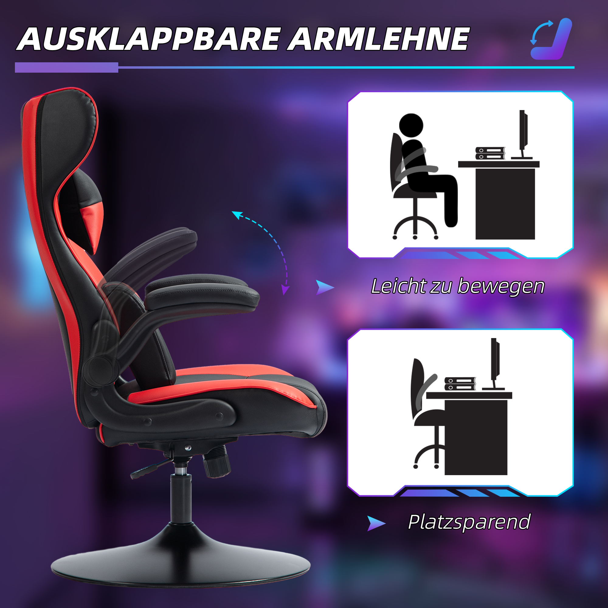 Gaming-Stuhl mit Schaukelfunktion, Drehstuhl, höhenverstellbar, gepolsterter Sitz, Metall, 67 x 71 x 112 cm, Rot