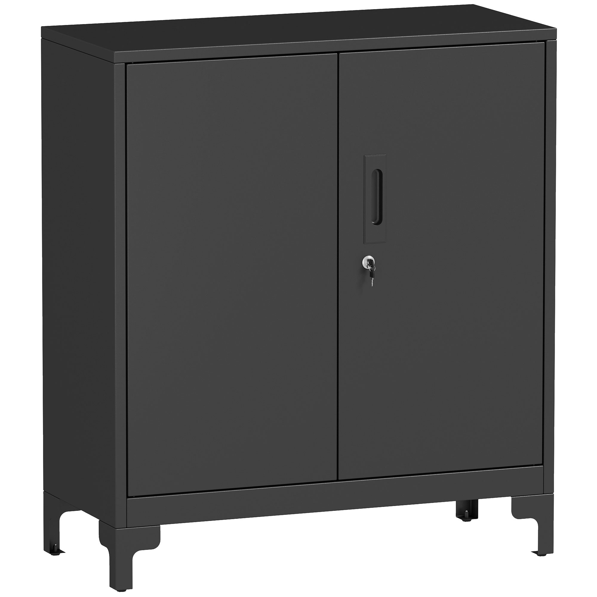 Büroschrank aus Metall, verschließbare Türen, Bürokommode, 2-stufiges Design, Schwarz Büroschrank aus Metall, verschließbare Türen, Bürokommode, 2-stufiges Design, Schwarz