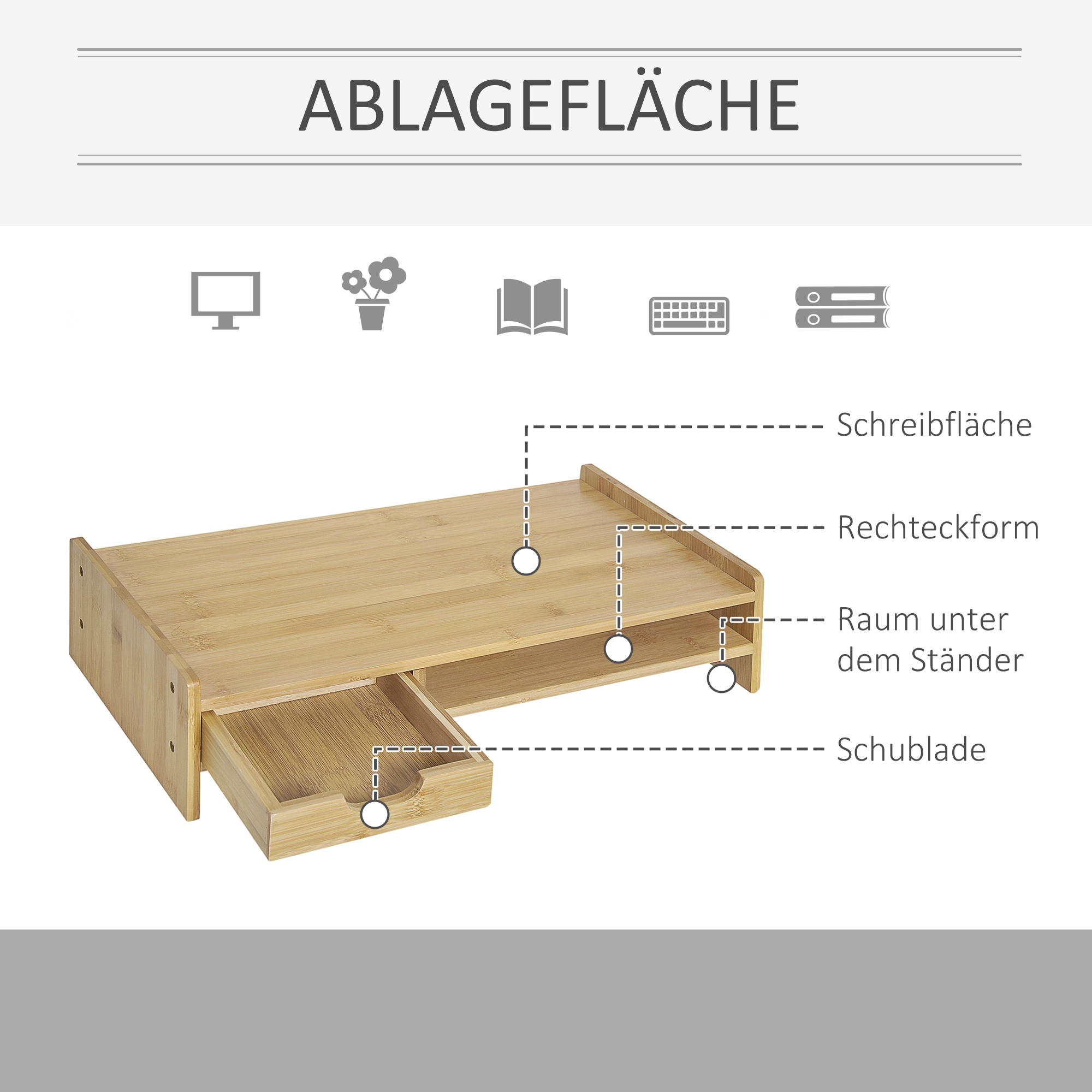 Monitorständer mit Schublade Bildschirmerhöhung Monitor Ständer Bildschirmständer für PC Notebook Drucker 49 x 25,5 x 11,5 cm Natur