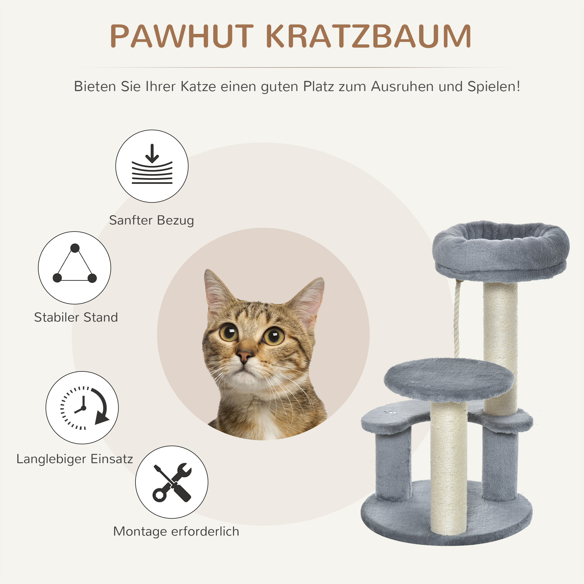 Katzenbaum Kletterbaum mit Hängematte, 3-Stufiger Spielbaum mit Katzenbett Katzenkratzbaum mit Sitzplattform, Sisalsäulen, Grau Ø40 x H65 cm