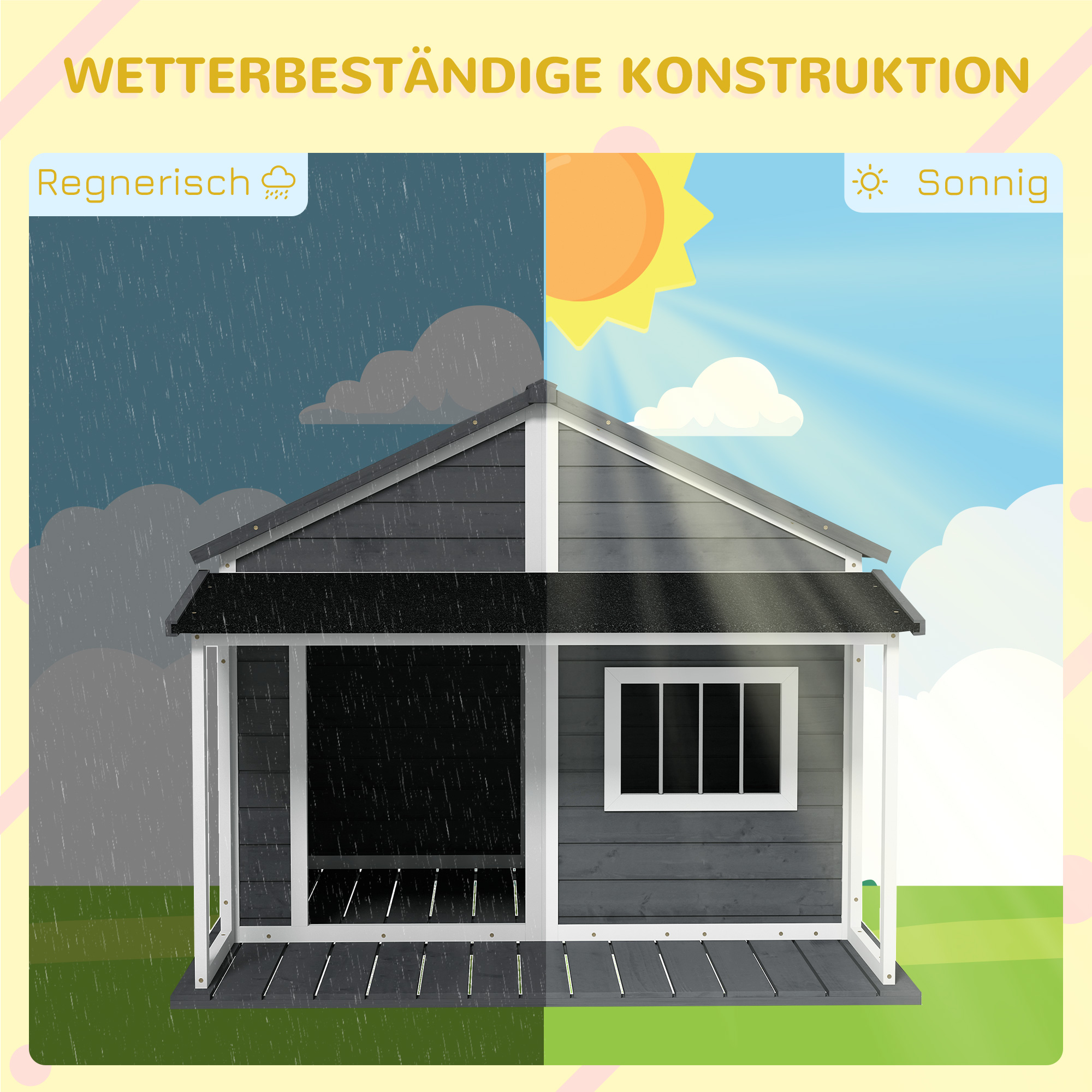 Hundehütte Outdoor-Hundehütte, inkl, Veranda, wetterbeständig, 124 cm x 112 cm x 105 cm, Grau + Weiß