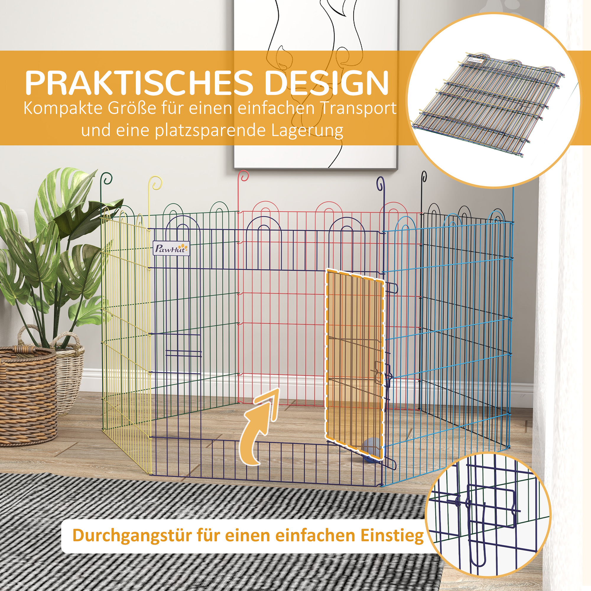 Freilaufgehege, Welpenauslauf, modulares Design, verriegelbar, Metall, Ø120x60H cm, Bunt