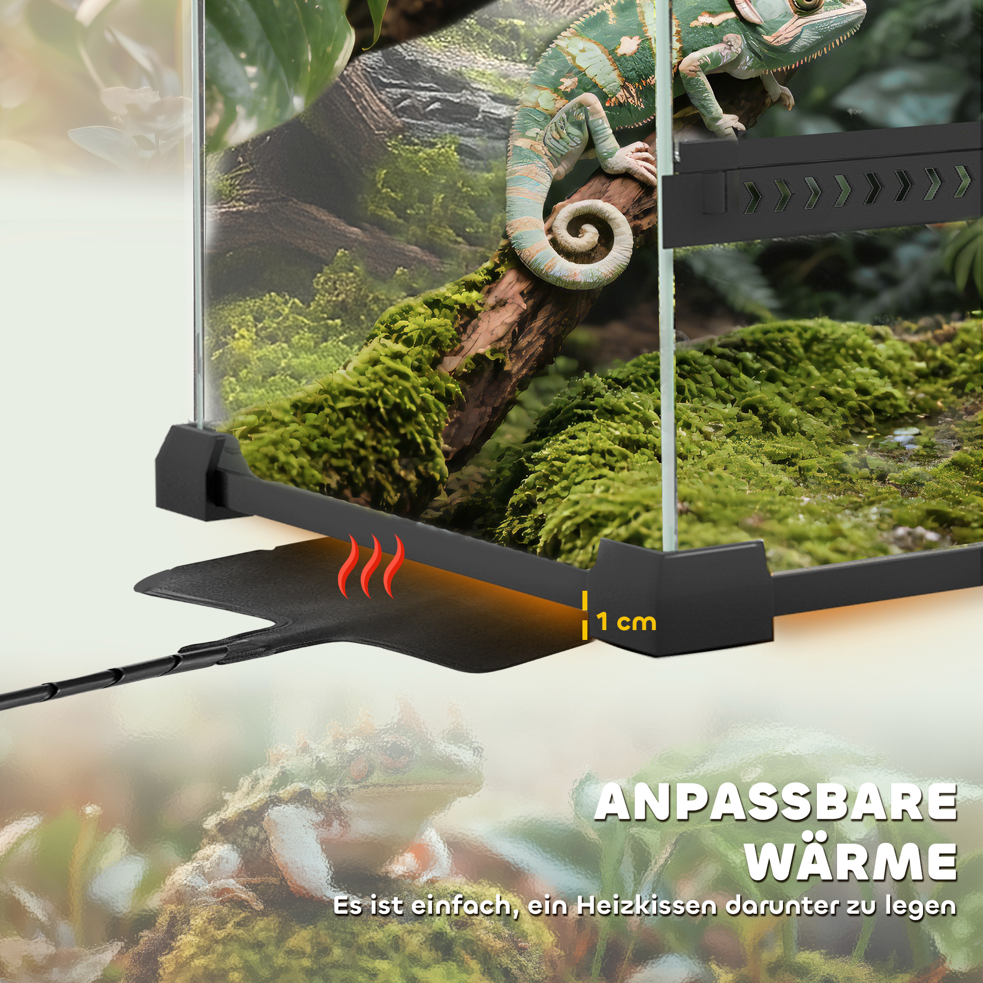 Glas-Terrarium für Reptilien, erhöhter & wasserdichter Boden, Knopfschloss