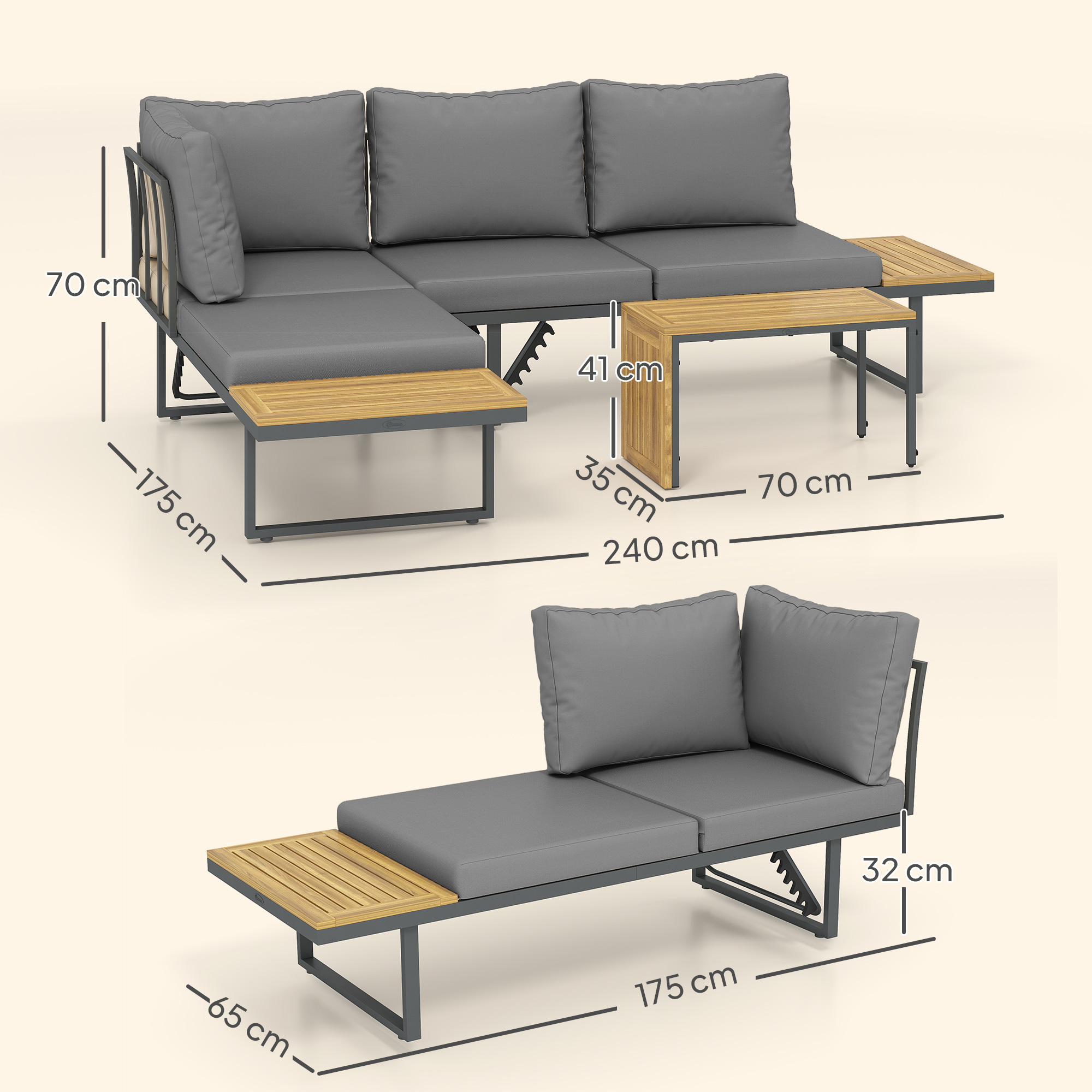 Außenmöbel-Set, auf 6 Sitze erweiterbar, L-förmige Outdoor-Sitzecke mit Tischen, Stahlrahmen, verstellbare Lehnen, Grau