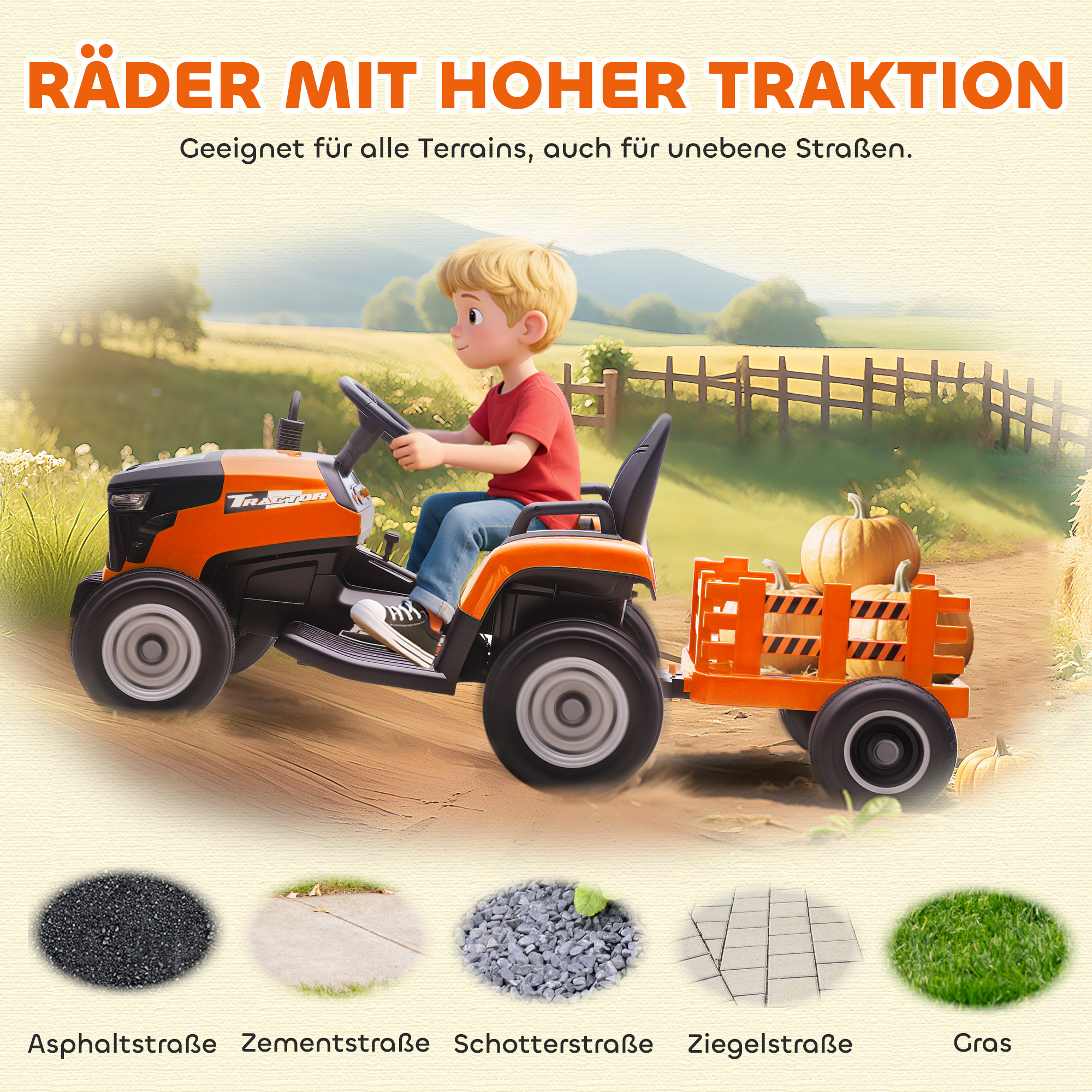 Elektrischer Kindertraktor, Aufsitz-Traktor mit Fernbedienung, Soft-Start, für Kinder im Alter von 3-8 Jahren, Orange