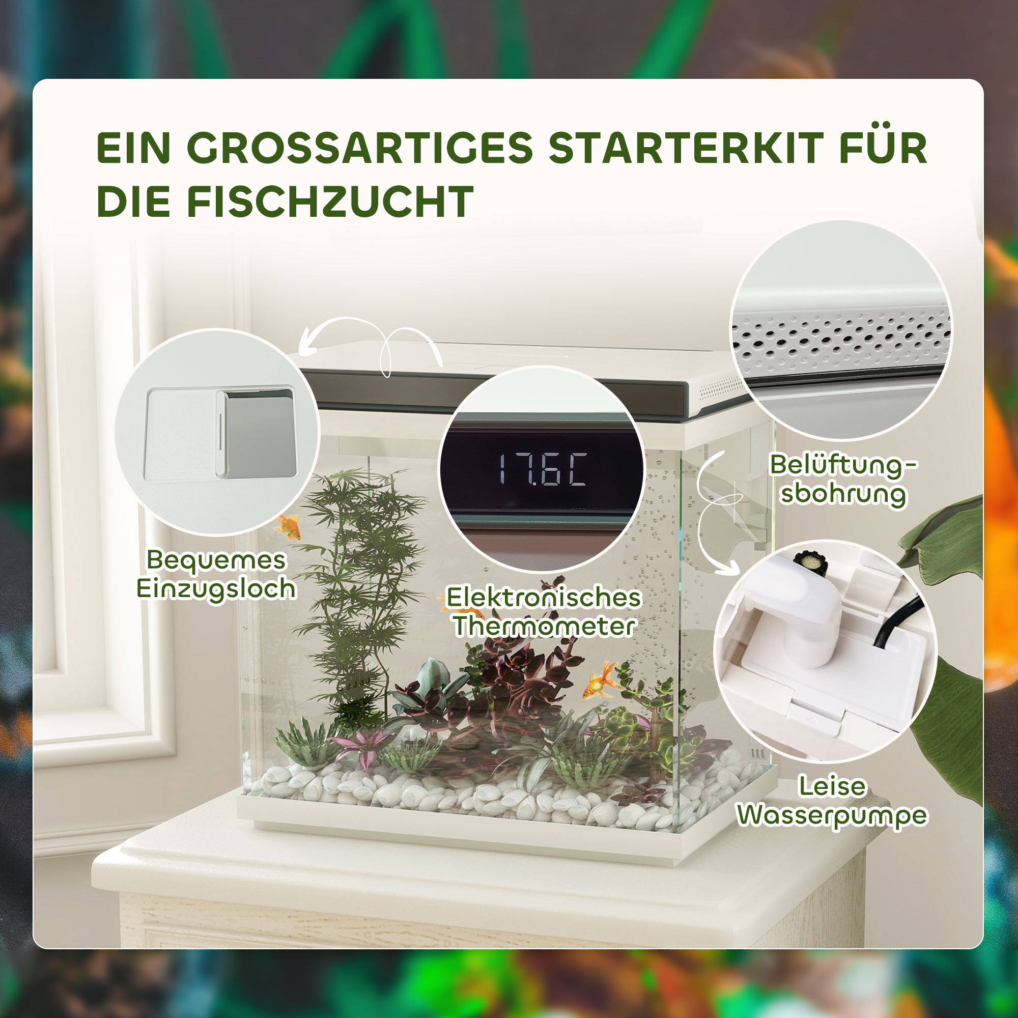 26 Liter Aquarium mit Filter, LED-Beleuchtung, Wasserpumpe, für verschiedene Fischarten, ca, 38 x 26 x 38 cm