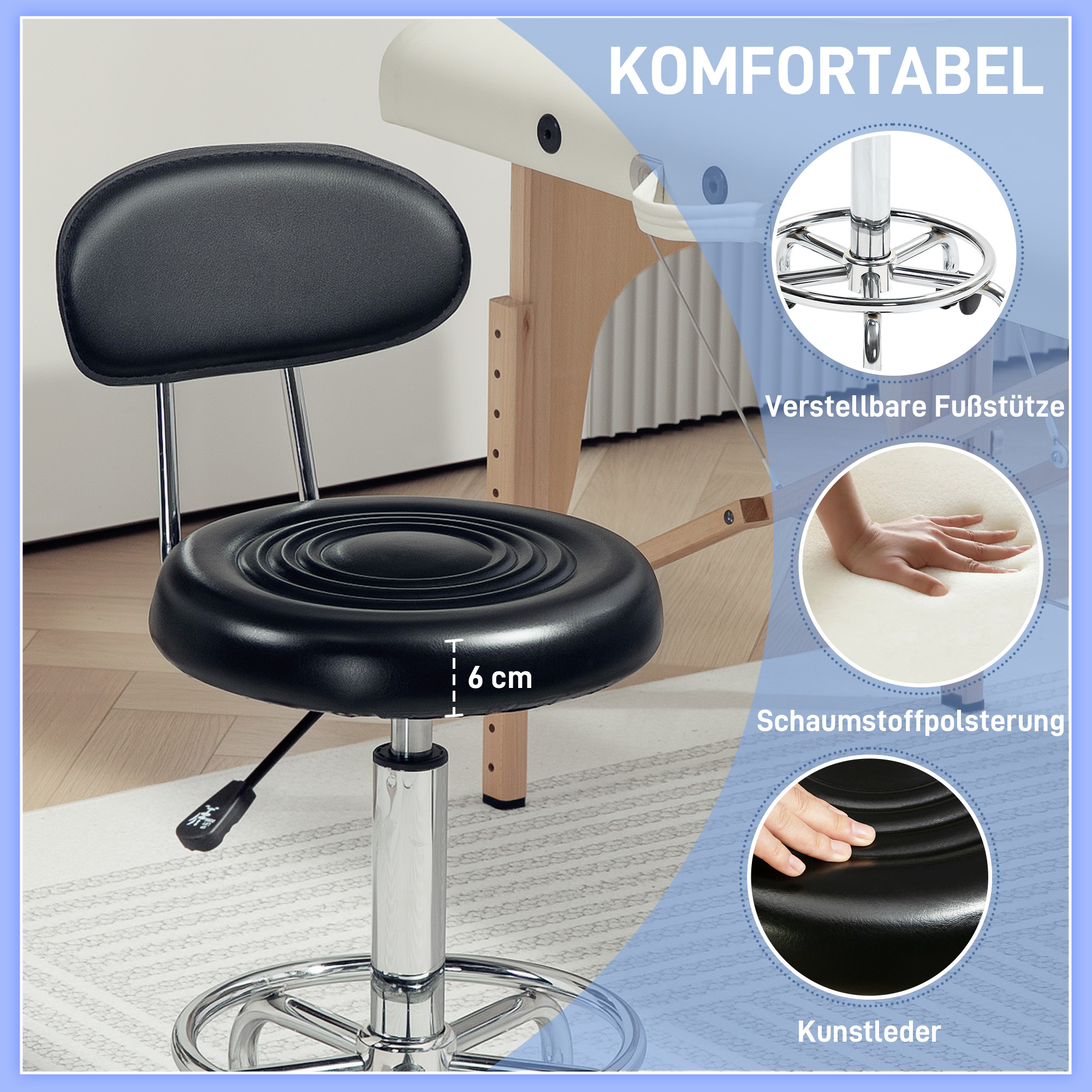 Rollhocker, Drehbarer und verstellbarer Hocker mit Rückenlehne, Kunstlederbezug, Fußstütze, für Frisiertische, Schwarz