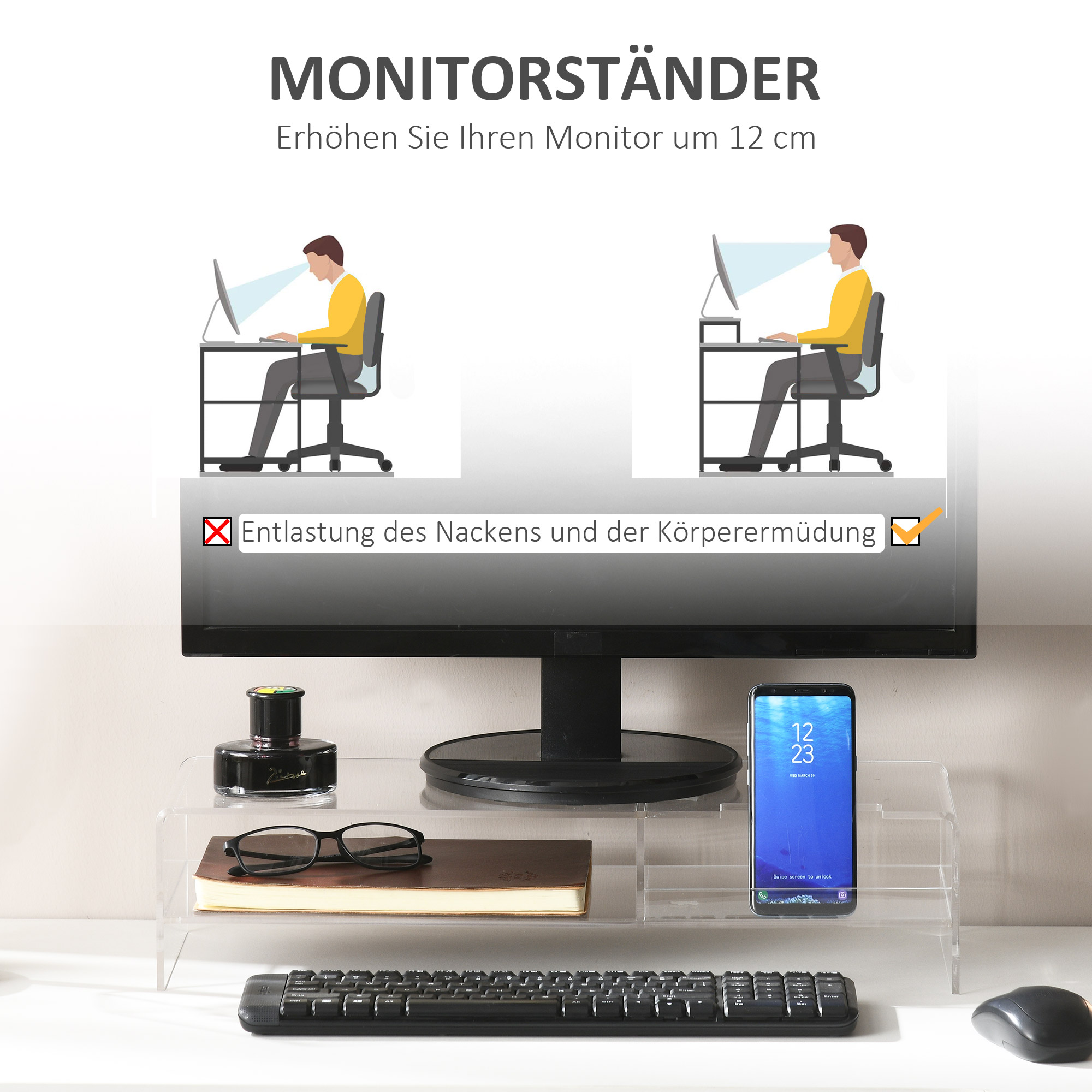 Monitorständer mit Tastaturfach, transparent, für Monitore bis 24 Zoll, 2 Etagen, Acryl, 50,8 x 19 x 12 cm