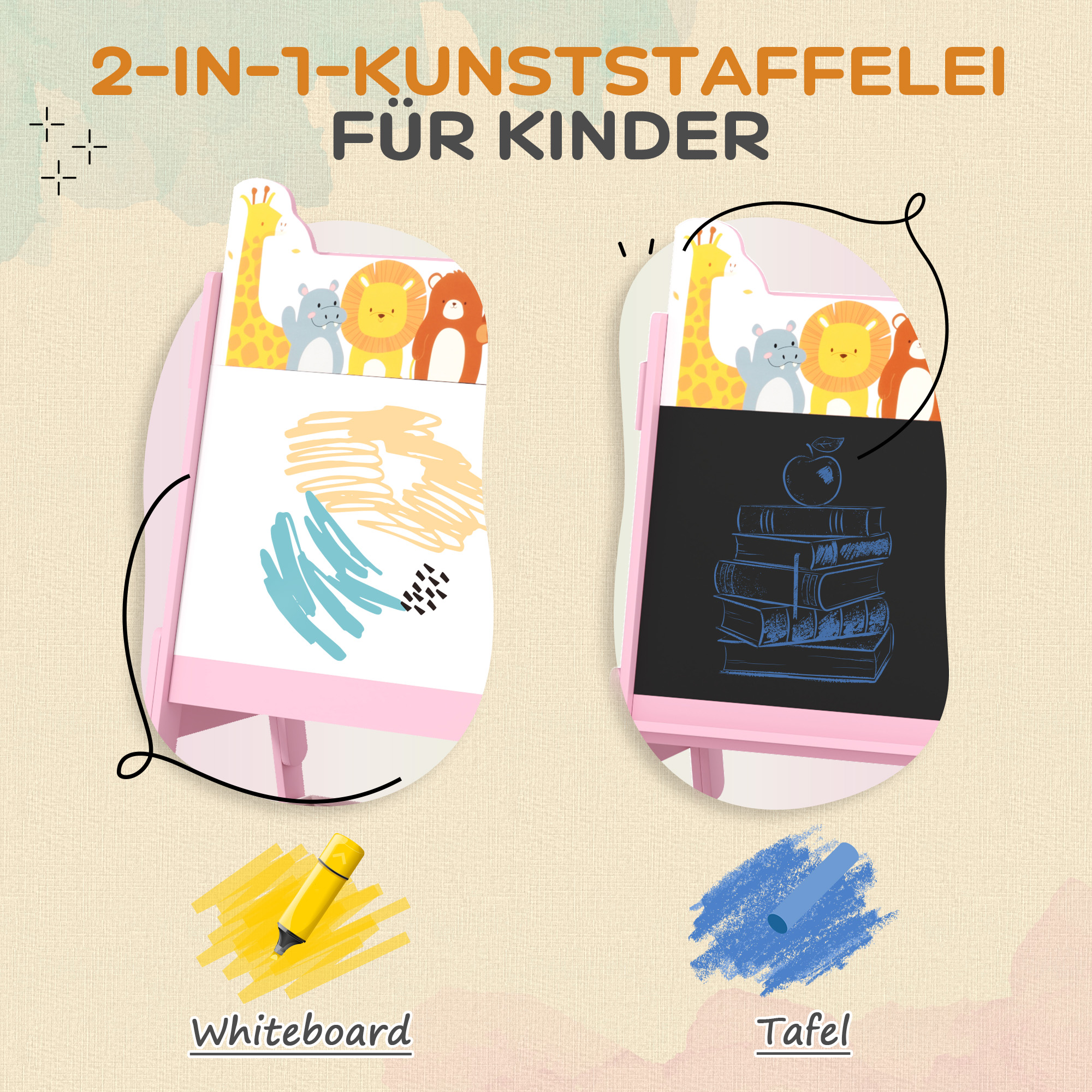 2-in-1 Kindermalstaffelei mit Whiteboard, Kreidetafel, Aufbewahrungsboxen, für Kinder im Alter von 3-8 Jahren, Rosa