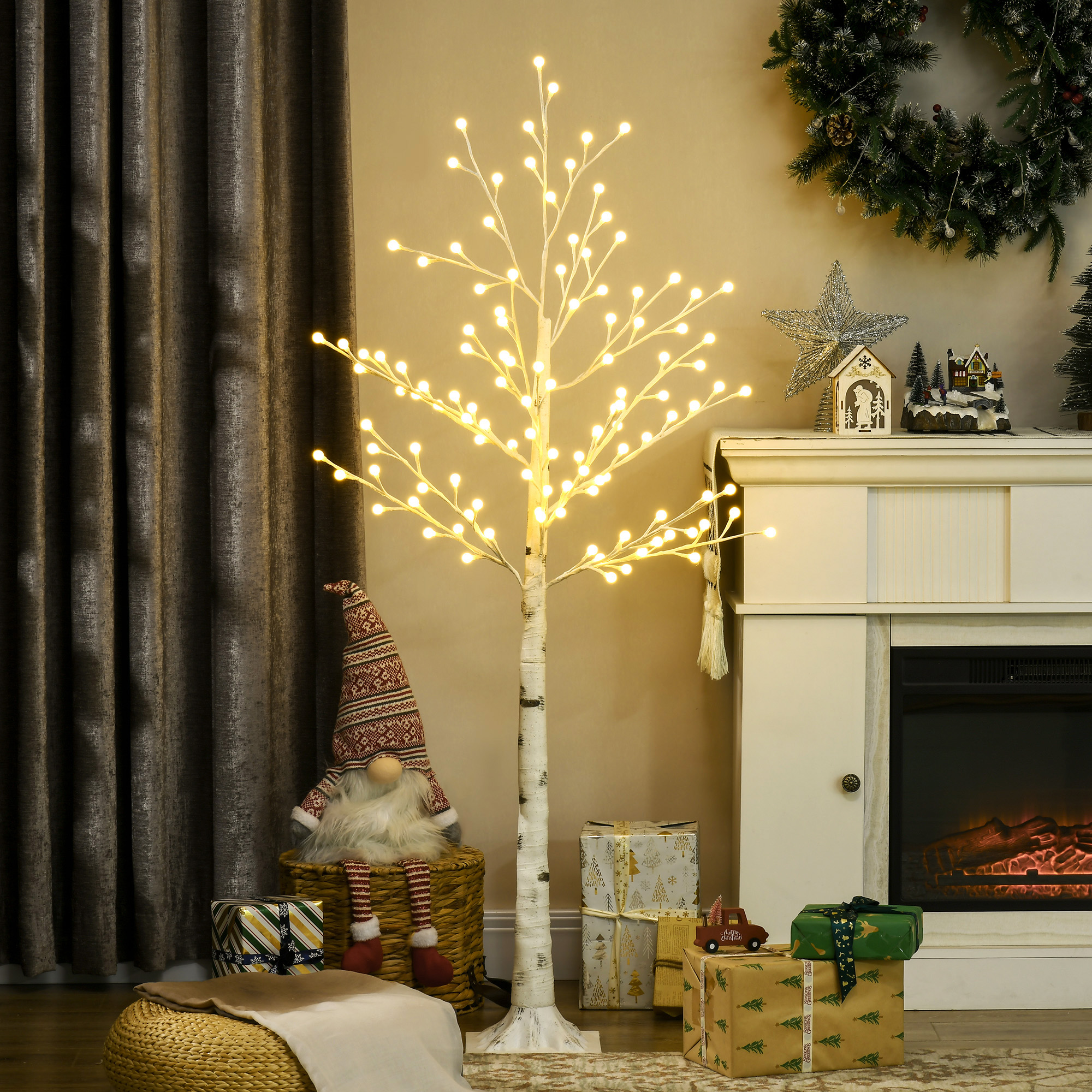 Künstliche Birke mit 120 LED-Lichtern, 3 Helligkeitsstufen, faltbare Äste, IP44, 150 cm, Weiß