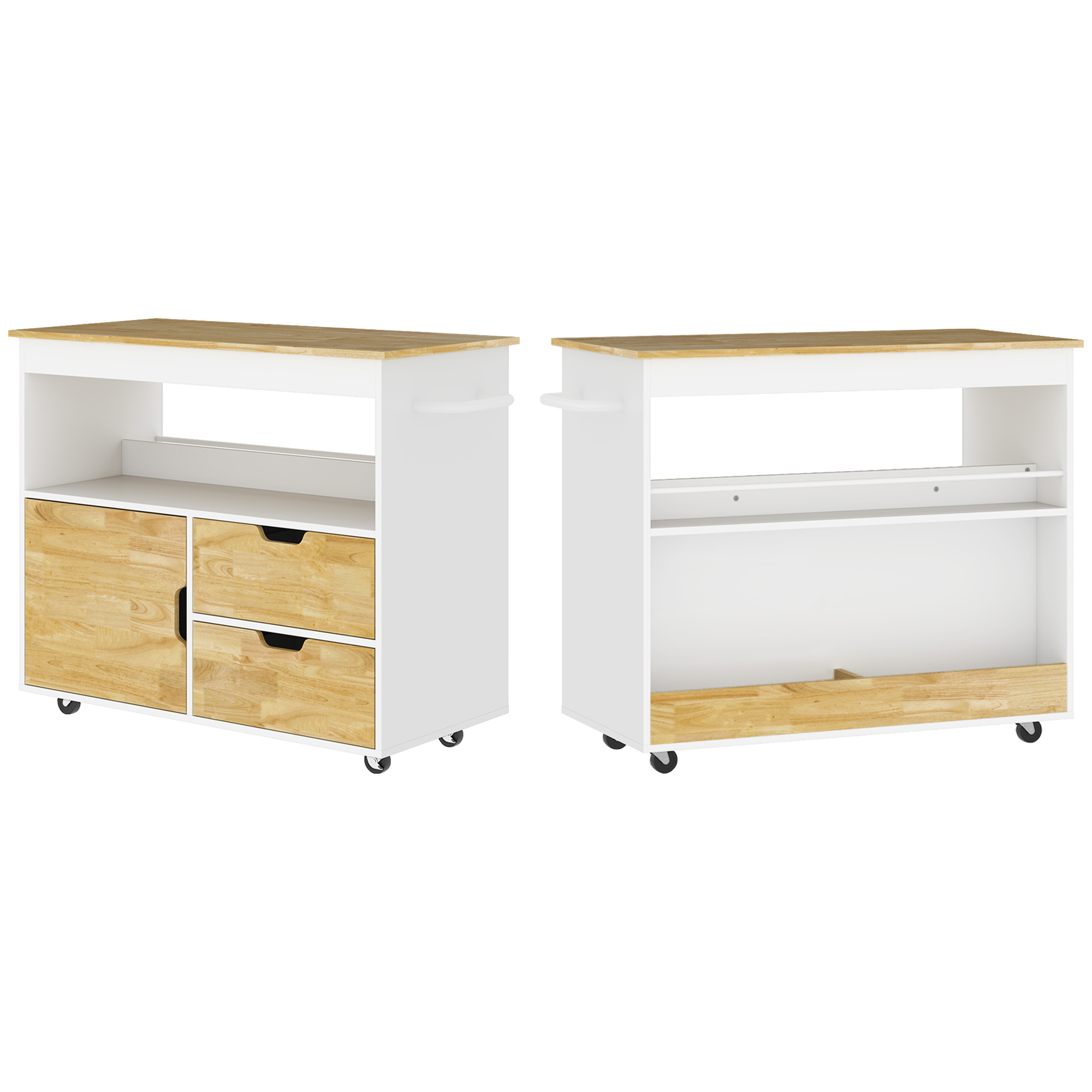 Küchenwagen, Rollbare Kücheninsel, Küchen-Trolley mit Fächern, Schrank und Arbeitsfläche, Weiß Küchenwagen, Rollbare Kücheninsel, Küchen-Trolley mit Fächern, Schrank und Arbeitsfläche, Weiß